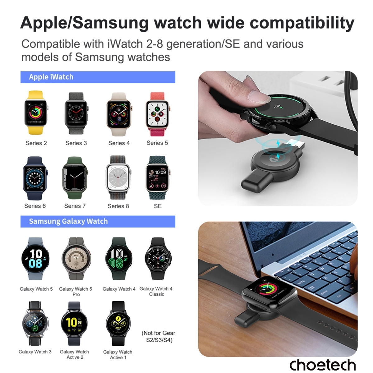 CHOETECH T606-F USB-A +USB-C Magnetic Charger for Samsung & Apple Watch V28-ELECHOT606F