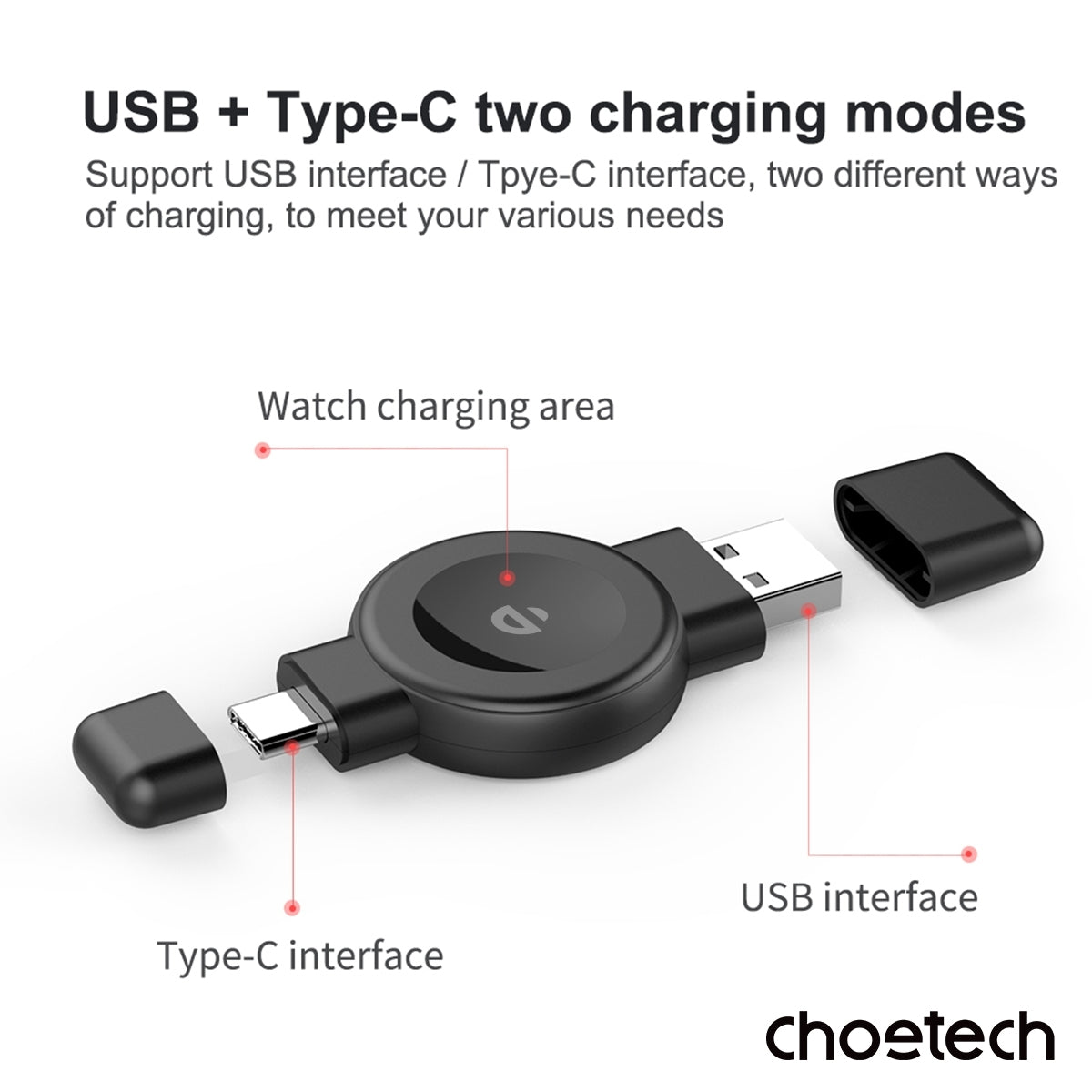 CHOETECH T606-F USB-A +USB-C Magnetic Charger for Samsung & Apple Watch V28-ELECHOT606F