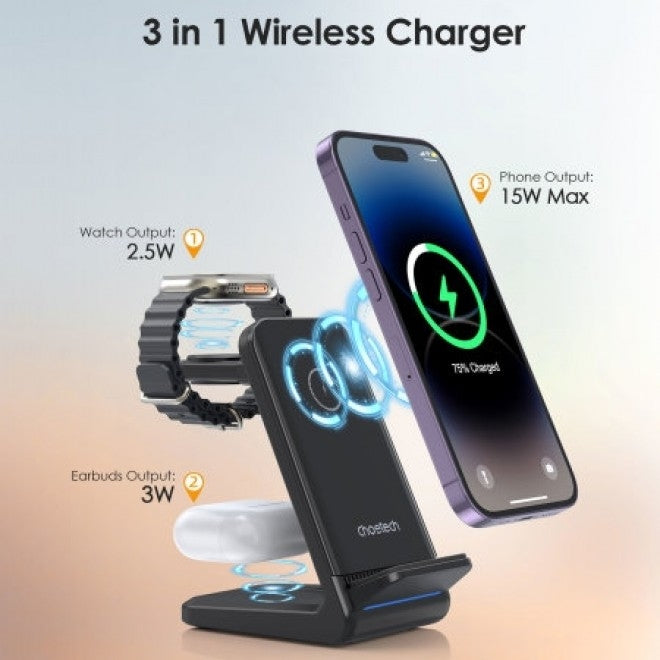 CHOETECH T608-F-BK 15W 4-in-1 Wireless Charger Stand for iWatch and Samsung Watch (Black) V28-ELECHOT608FBK