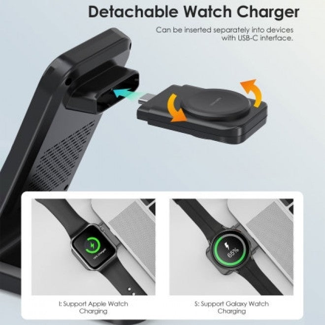 CHOETECH T608-F-BK 15W 4-in-1 Wireless Charger Stand for iWatch and Samsung Watch (Black) V28-ELECHOT608FBK