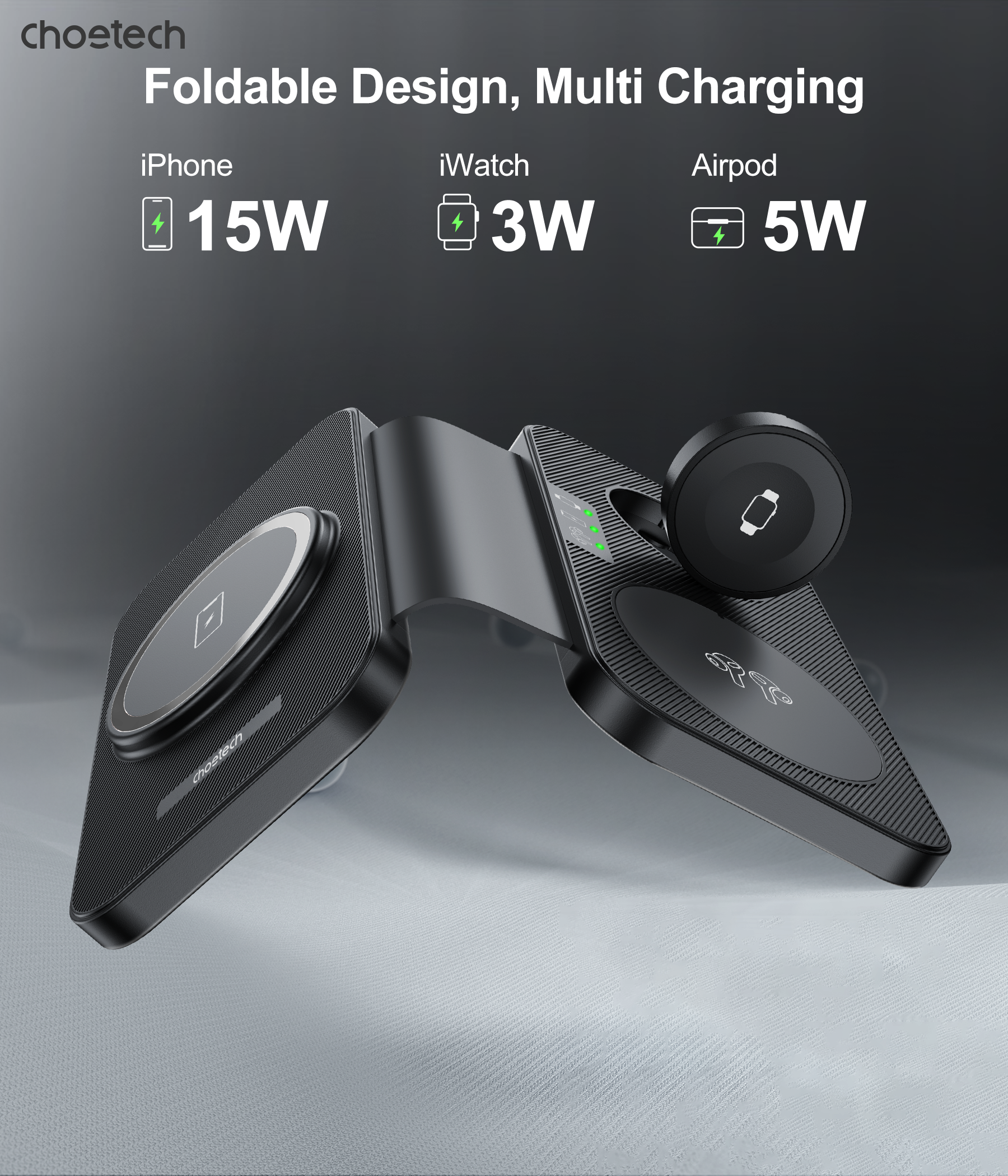 CHOETECH T616-F-BK 3in1 Magnetic Foldable Wireless Charger Black V28-ELECHOT616FBK