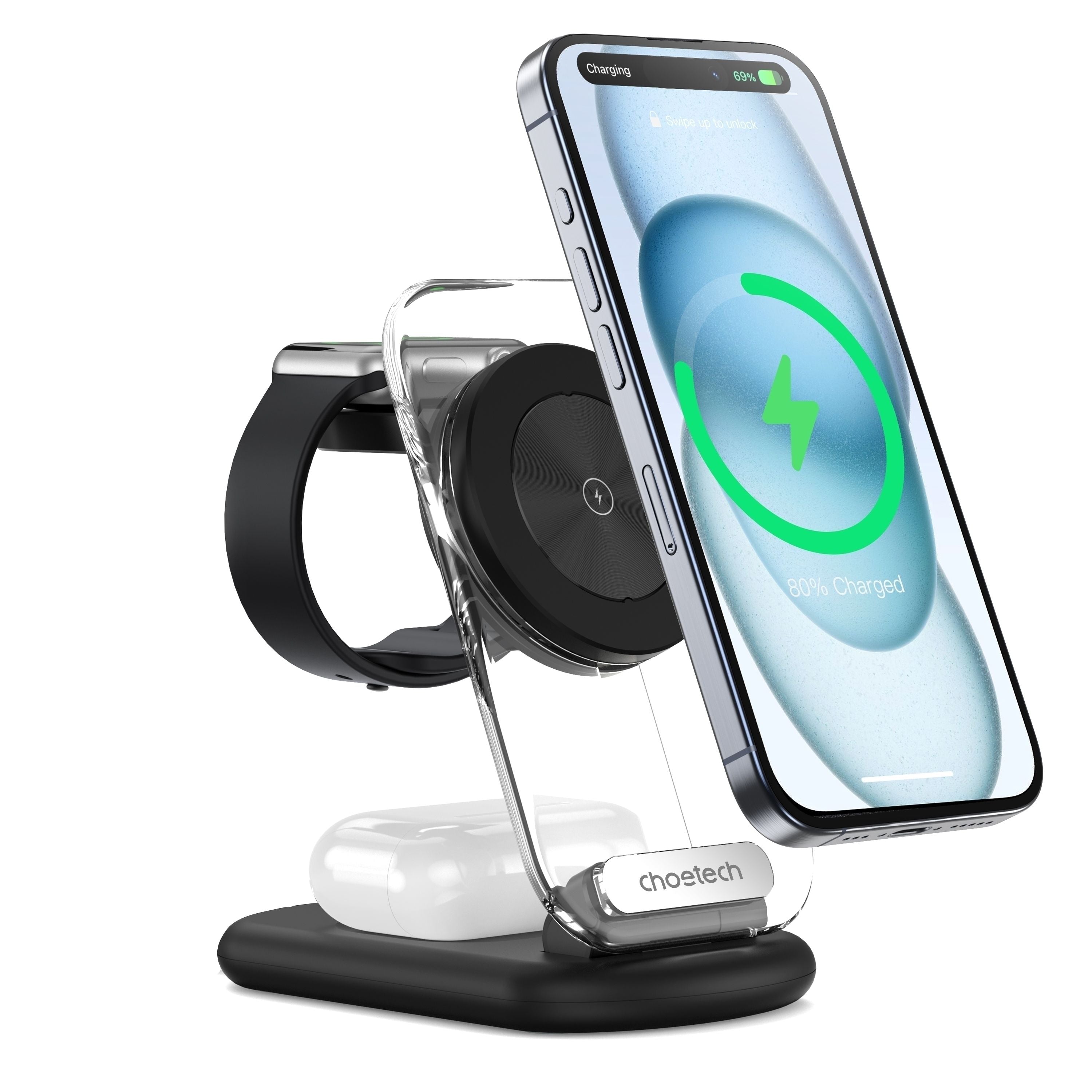 CHOETECH T618-F-BK 3-in-1 15W MagSafe Wireless fast Charger Stand for iPhone i-Watch AirPods w/ Ambient Light V28-ELECHOT618FBK
