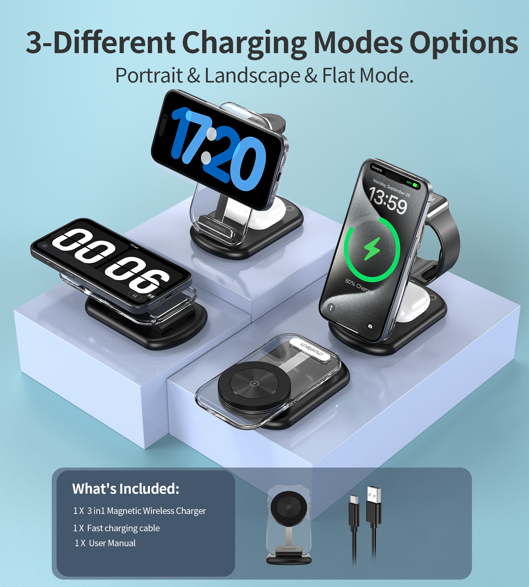 CHOETECH T618-F-BK 3-in-1 15W MagSafe Wireless fast Charger Stand for iPhone i-Watch AirPods w/ Ambient Light V28-ELECHOT618FBK