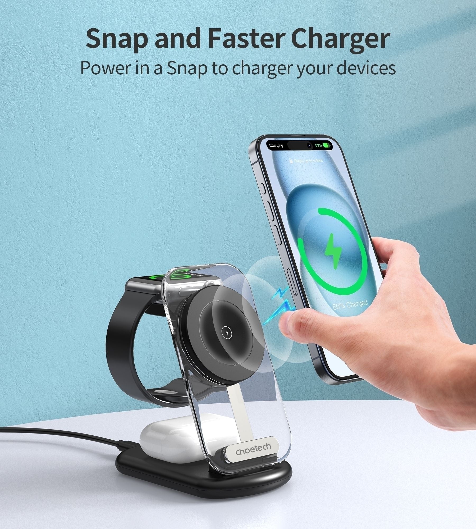 CHOETECH T618-F-BK 3-in-1 15W MagSafe Wireless fast Charger Stand for iPhone i-Watch AirPods w/ Ambient Light V28-ELECHOT618FBK