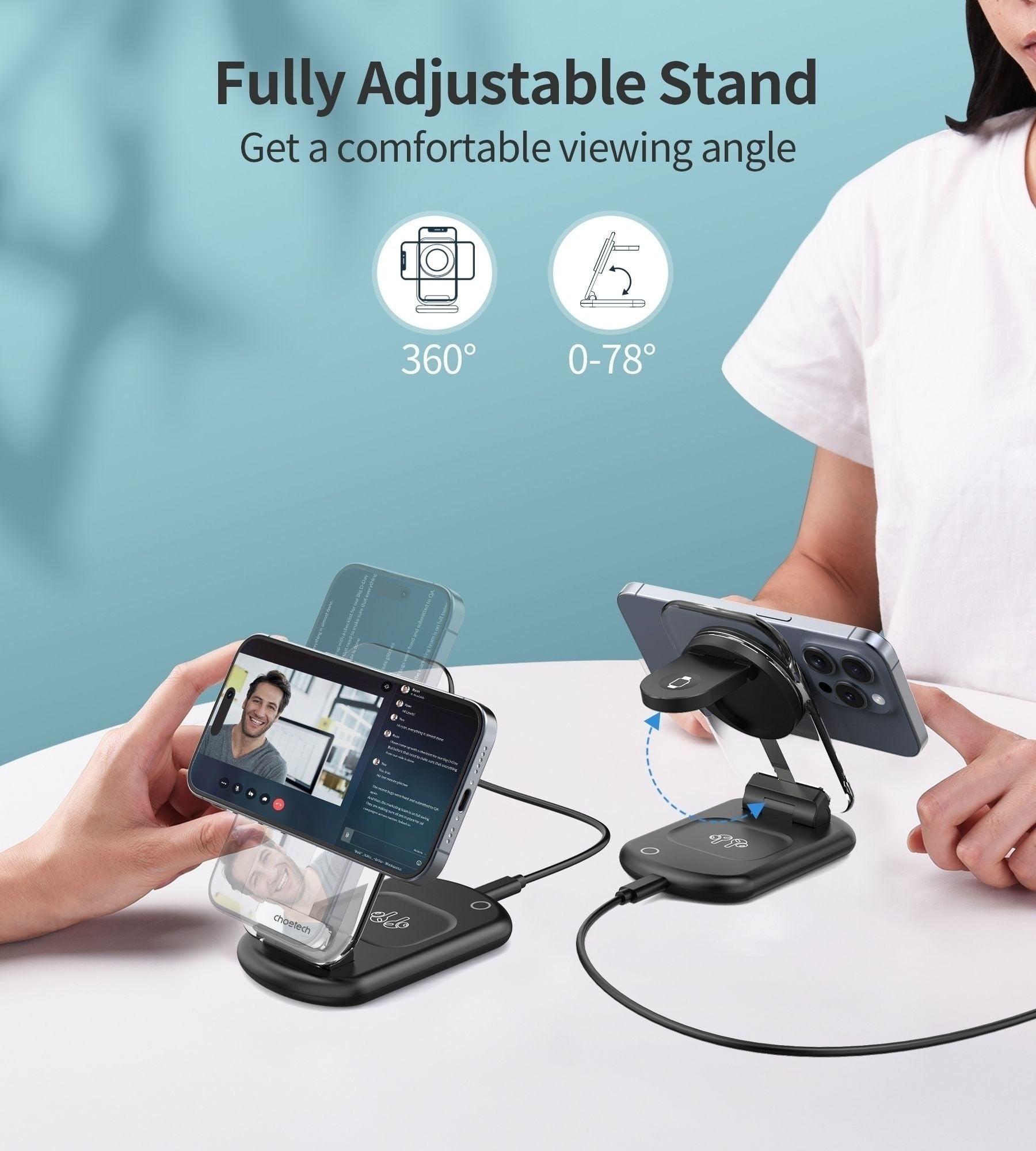CHOETECH T618-F-BK 3-in-1 15W MagSafe Wireless fast Charger Stand for iPhone i-Watch AirPods w/ Ambient Light V28-ELECHOT618FBK