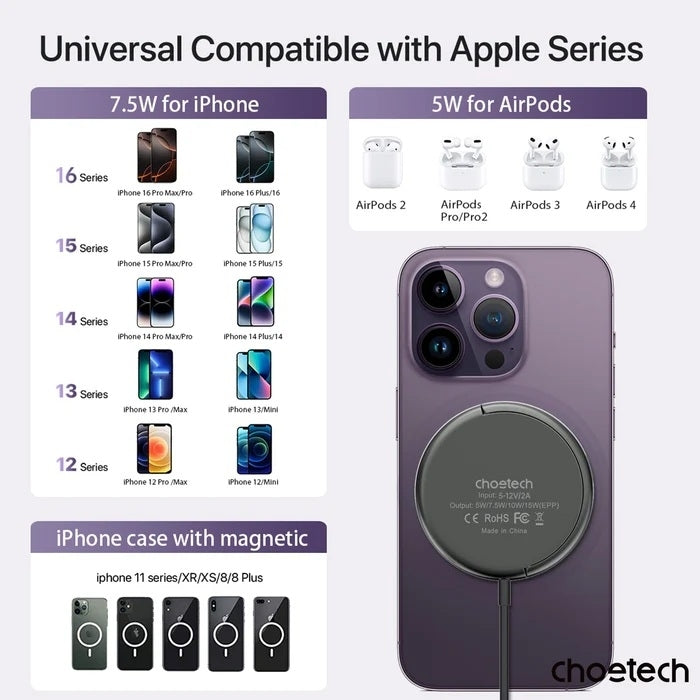 CHOETECH T697-F 15W/7.5W/5W magnetic charger for iPhone, Air Pods and more 1.5M Black V28-ELECHOT697F