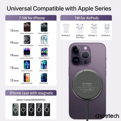 CHOETECH T697-F 15W/7.5W/5W magnetic charger for iPhone, Air Pods and more 1.5M Black V28-ELECHOT697F