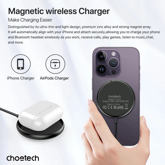 CHOETECH T697-F 15W/7.5W/5W magnetic charger for iPhone, Air Pods and more 1.5M Black V28-ELECHOT697F