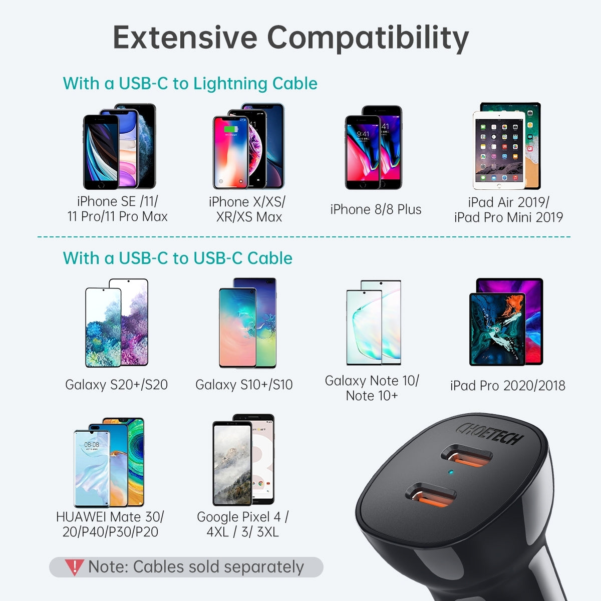 CHOETECH TC0008-BK Dual USB-C 36W Car Charger Adapter Black V28-ELECHOTC0008BK