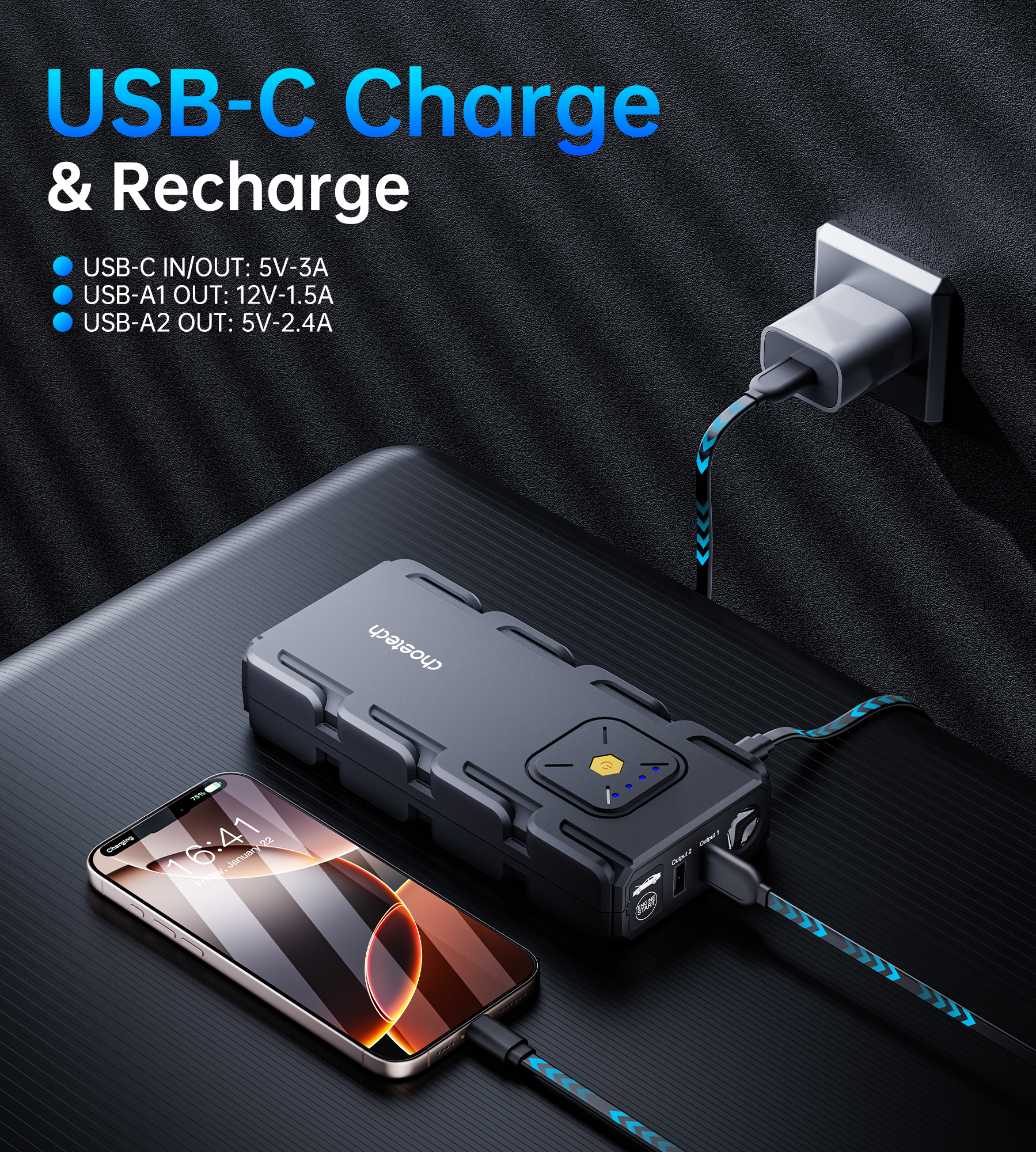 CHOETECH TC0009 16000mAh Portable Car Jump Starter with Emergency Light V28-ELECHOTC0009
