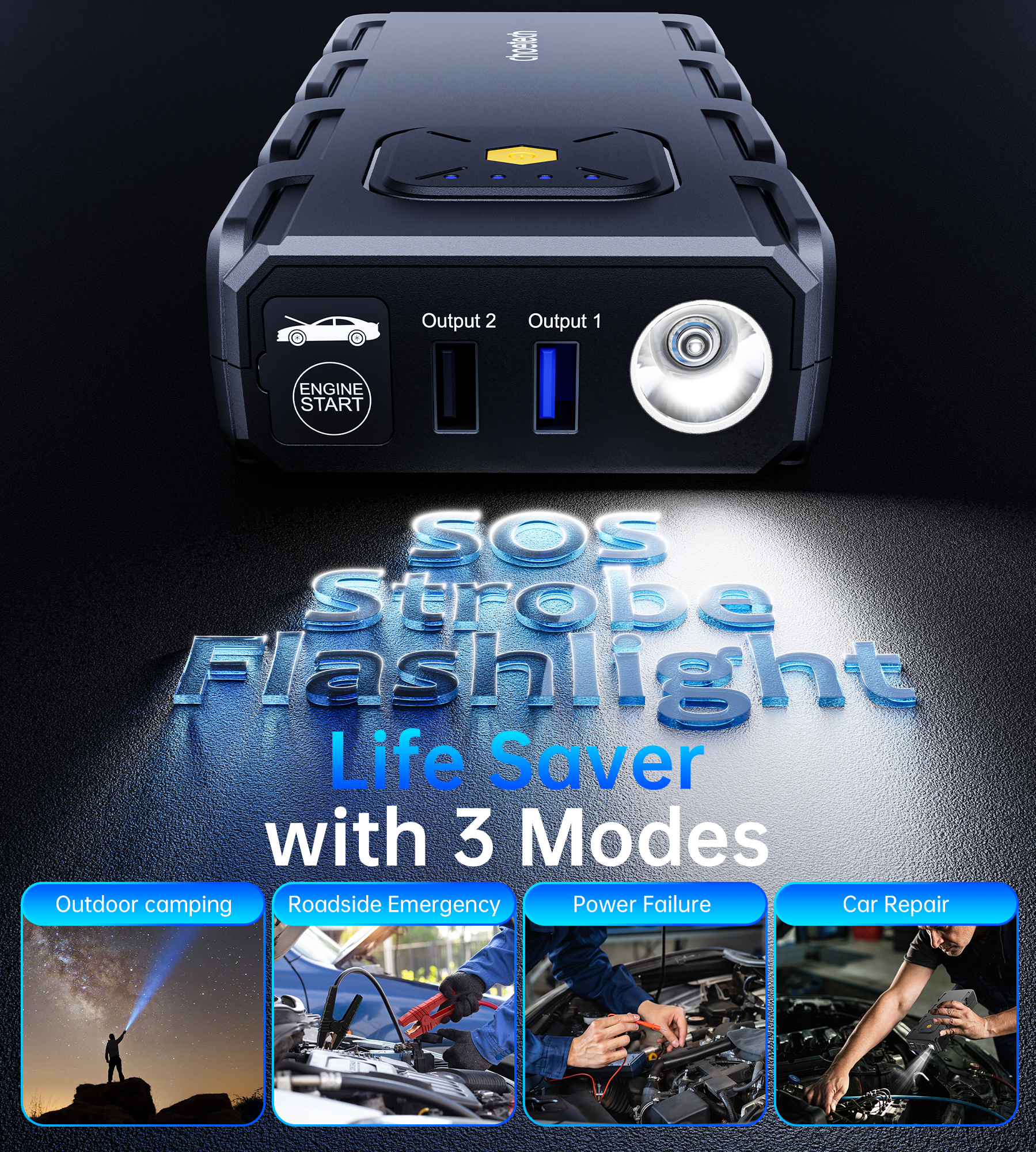 CHOETECH TC0009 16000mAh Portable Car Jump Starter with Emergency Light V28-ELECHOTC0009