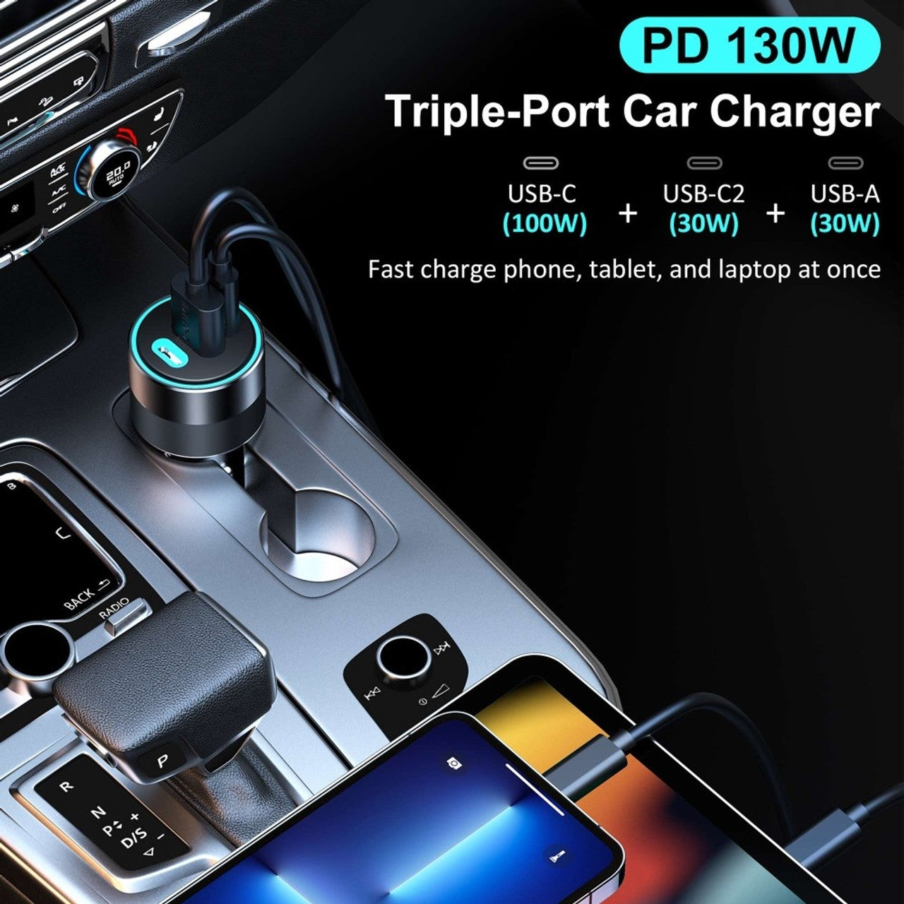 CHOETECH TC0011 130W 3 Ports (Dual USB-C Port PD3.0 + USB-A Port) Fast Car Charger V28-ELECHOTC0011