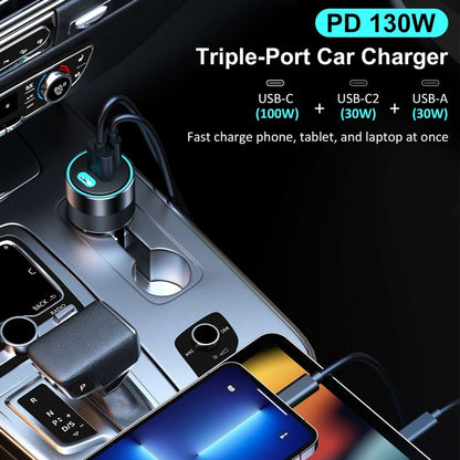 CHOETECH TC0011 130W 3 Ports (Dual USB-C Port PD3.0 + USB-A Port) Fast Car Charger V28-ELECHOTC0011