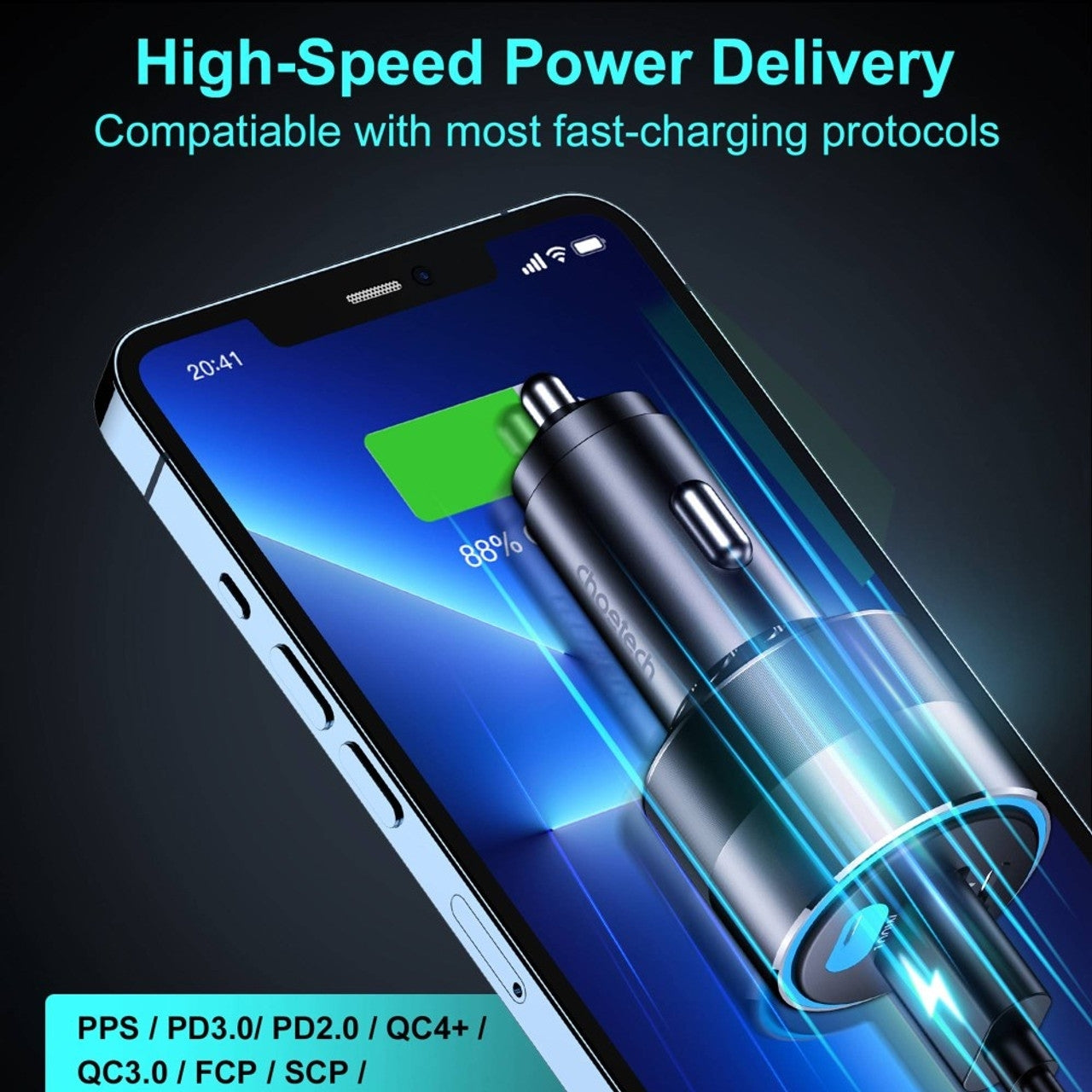 CHOETECH TC0011 130W 3 Ports (Dual USB-C Port PD3.0 + USB-A Port) Fast Car Charger V28-ELECHOTC0011