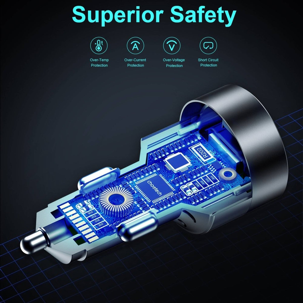 CHOETECH TC0011 130W 3 Ports (Dual USB-C Port PD3.0 + USB-A Port) Fast Car Charger V28-ELECHOTC0011