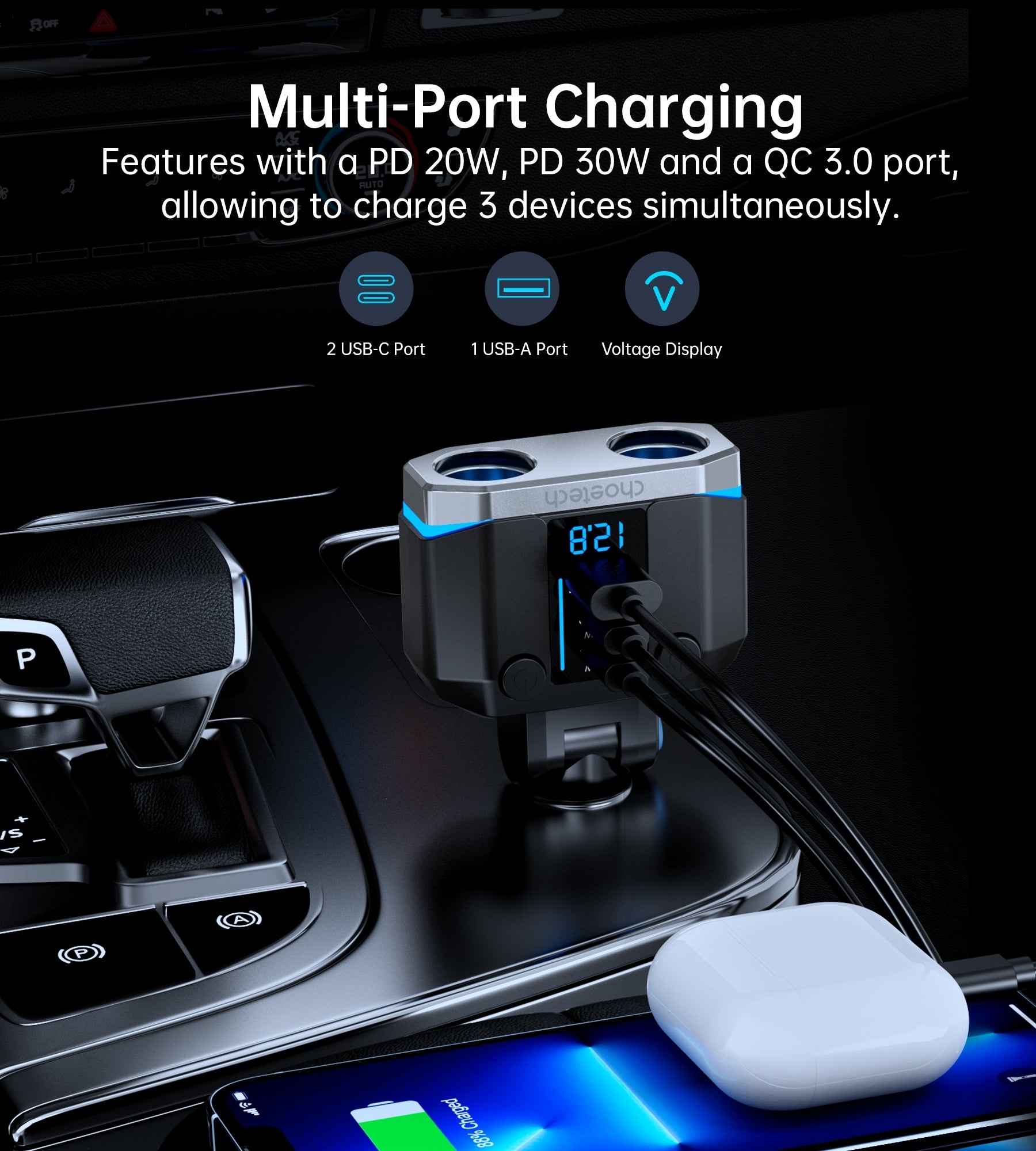 CHOETECH TC0020 45W 2 Sockets + 2x USB-C + 1x USB-A Cigarette Lighter Splitter V28-ELECHOTC0020