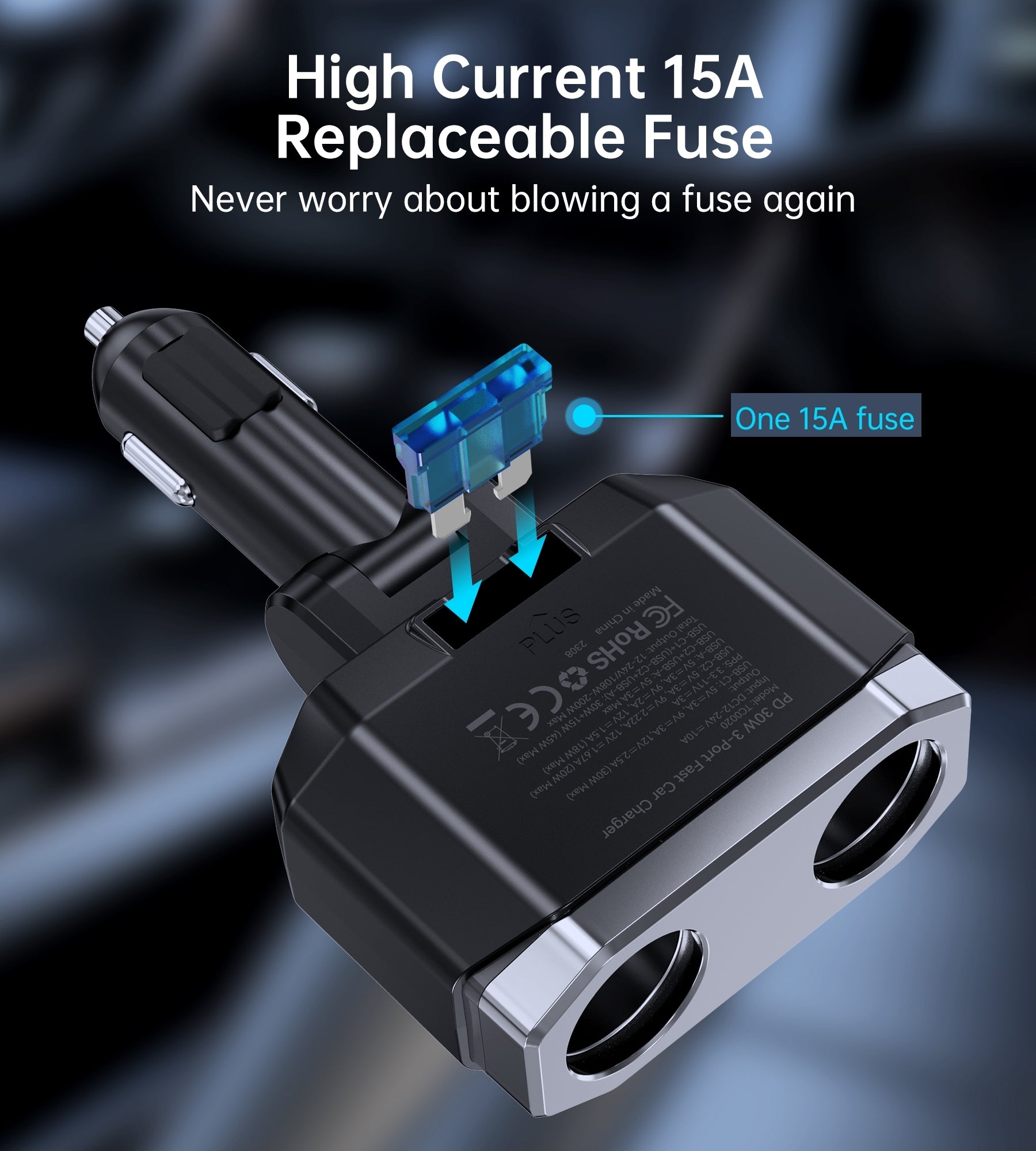 CHOETECH TC0020 45W 2 Sockets + 2x USB-C + 1x USB-A Cigarette Lighter Splitter V28-ELECHOTC0020