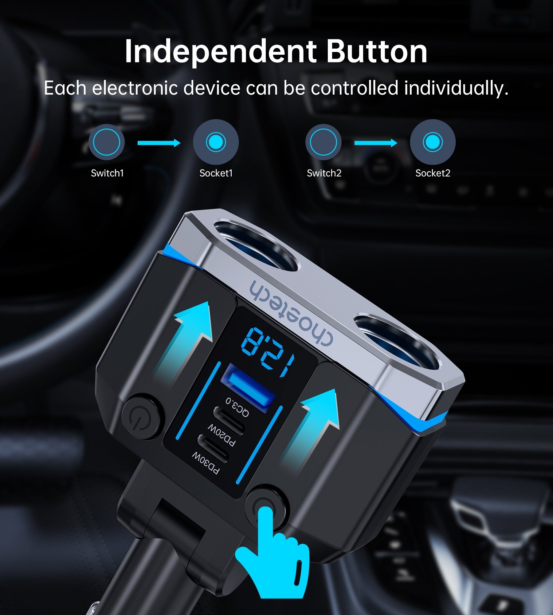 CHOETECH TC0020 45W 2 Sockets + 2x USB-C + 1x USB-A Cigarette Lighter Splitter V28-ELECHOTC0020