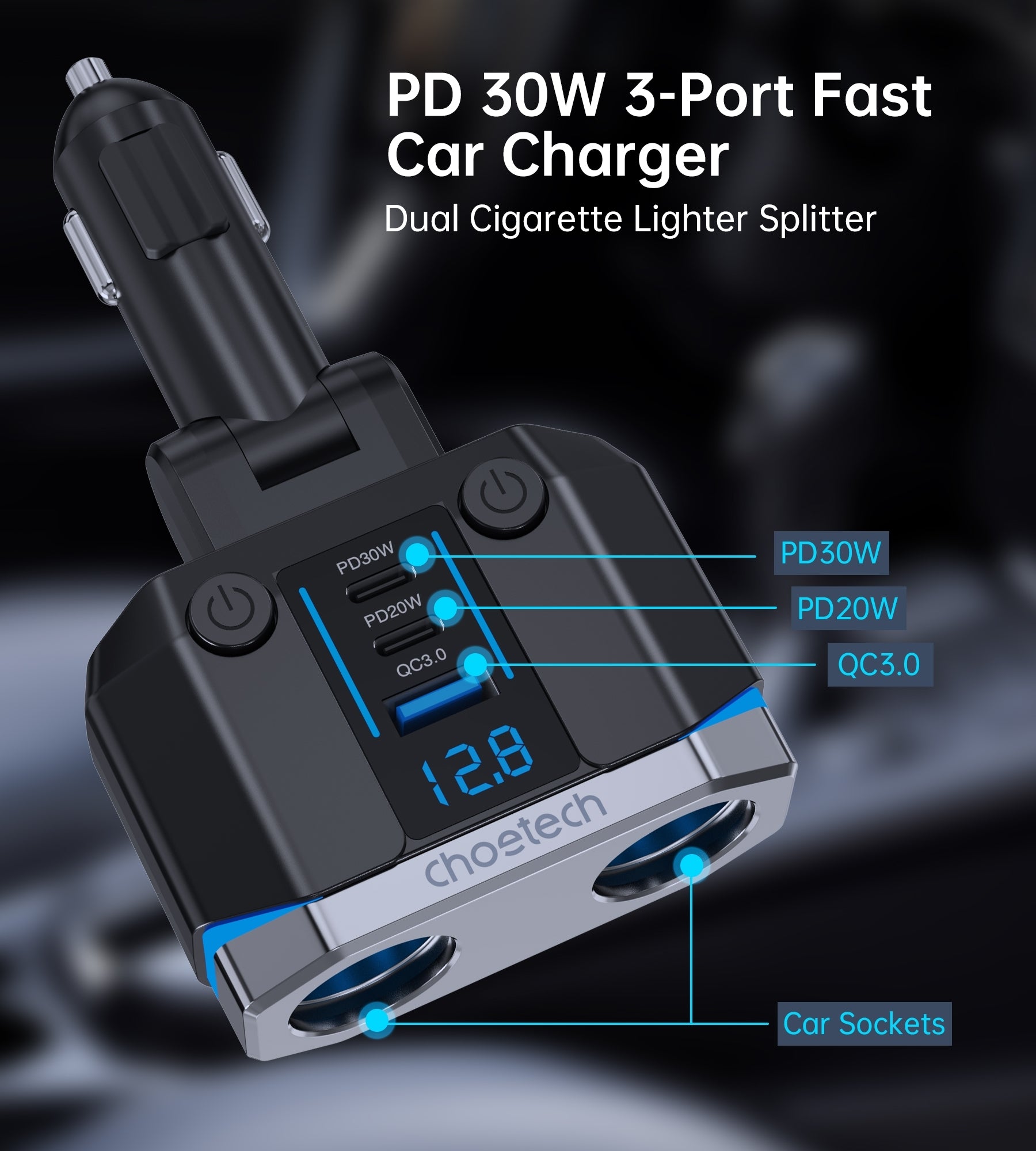 CHOETECH TC0020 45W 2 Sockets + 2x USB-C + 1x USB-A Cigarette Lighter Splitter V28-ELECHOTC0020