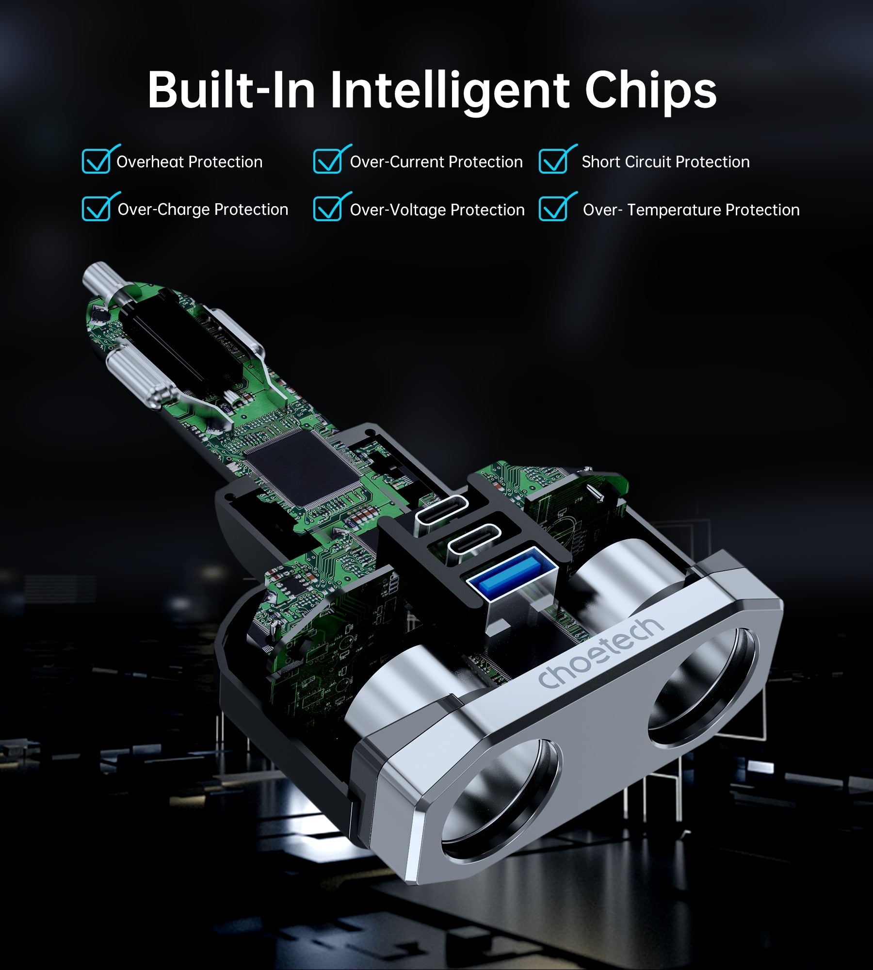 CHOETECH TC0020 45W 2 Sockets + 2x USB-C + 1x USB-A Cigarette Lighter Splitter V28-ELECHOTC0020