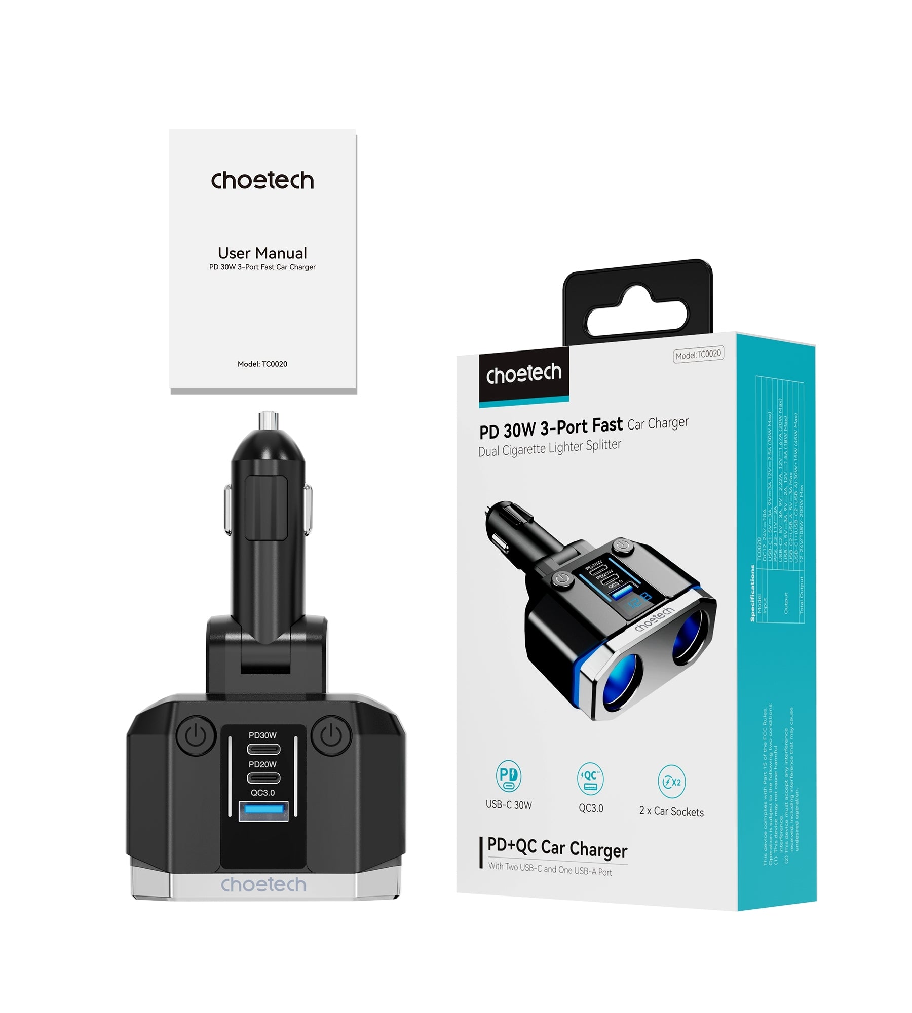CHOETECH TC0020 45W 2 Sockets + 2x USB-C + 1x USB-A Cigarette Lighter Splitter V28-ELECHOTC0020