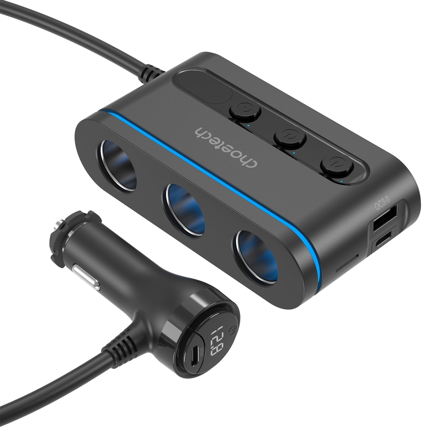 CHOETECH TC0021 3 Sockets 2C+1A Cigarette Lighter Splitter Black V28-ELECHOTC0021