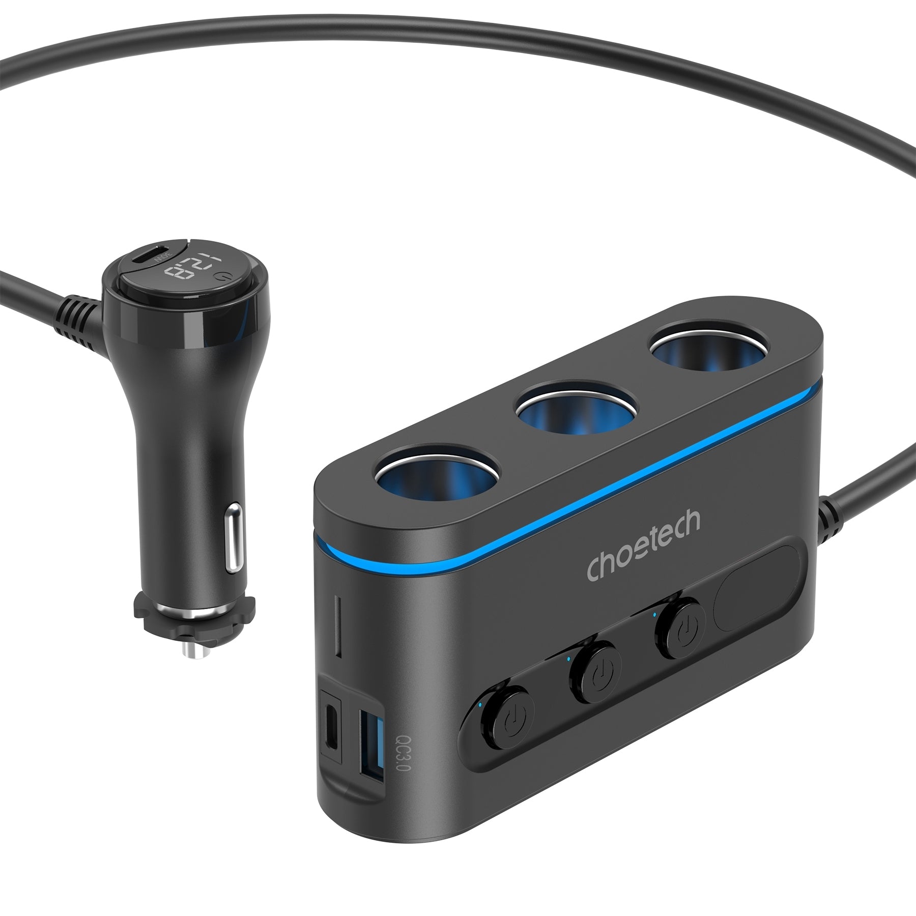 CHOETECH TC0021 3 Sockets 2C+1A Cigarette Lighter Splitter Black V28-ELECHOTC0021