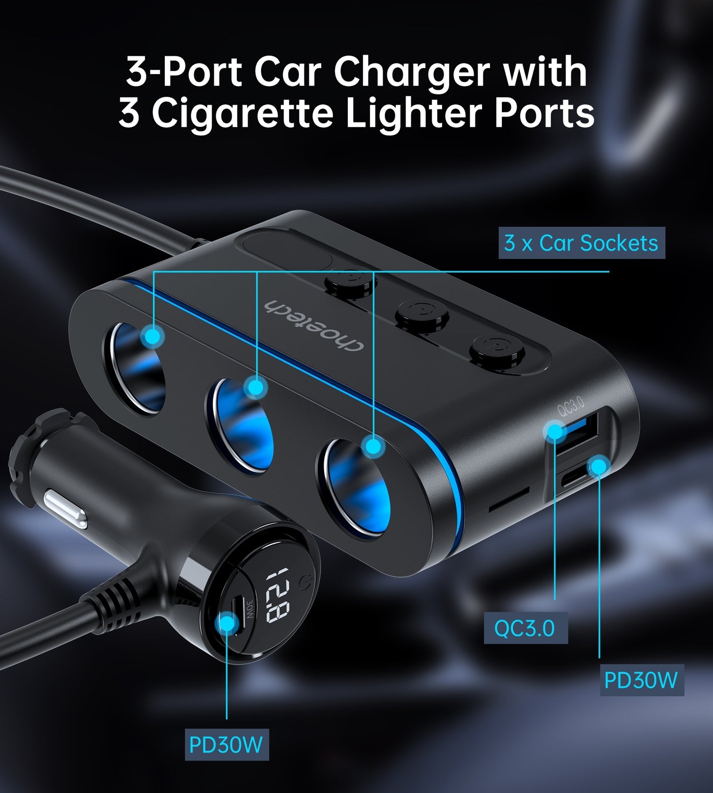 CHOETECH TC0021 3 Sockets 2C+1A Cigarette Lighter Splitter Black V28-ELECHOTC0021