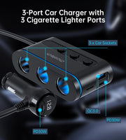 CHOETECH TC0021 3 Sockets 2C+1A Cigarette Lighter Splitter Black V28-ELECHOTC0021