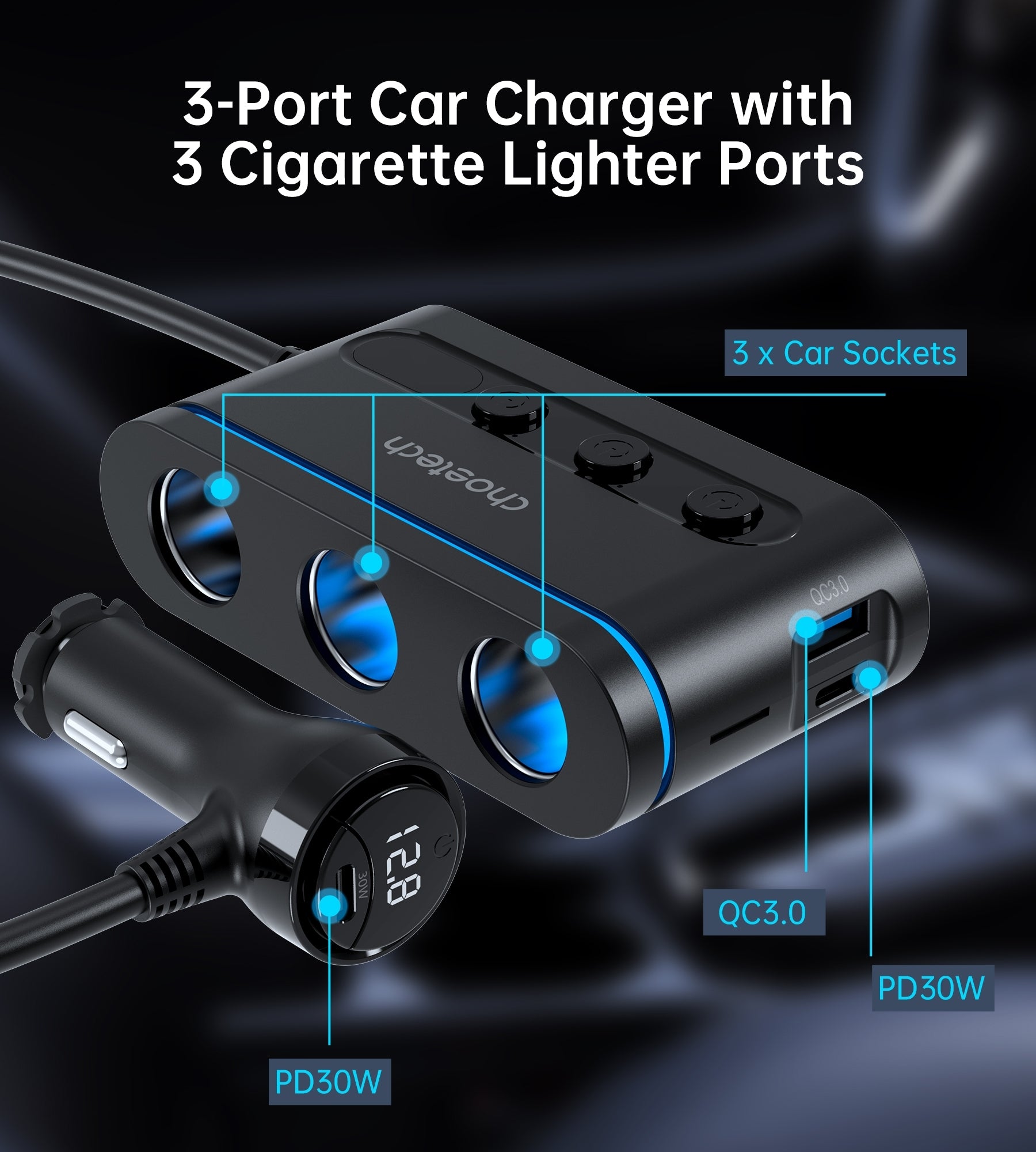 CHOETECH TC0021 3 Sockets 2C+1A Cigarette Lighter Splitter Black V28-ELECHOTC0021