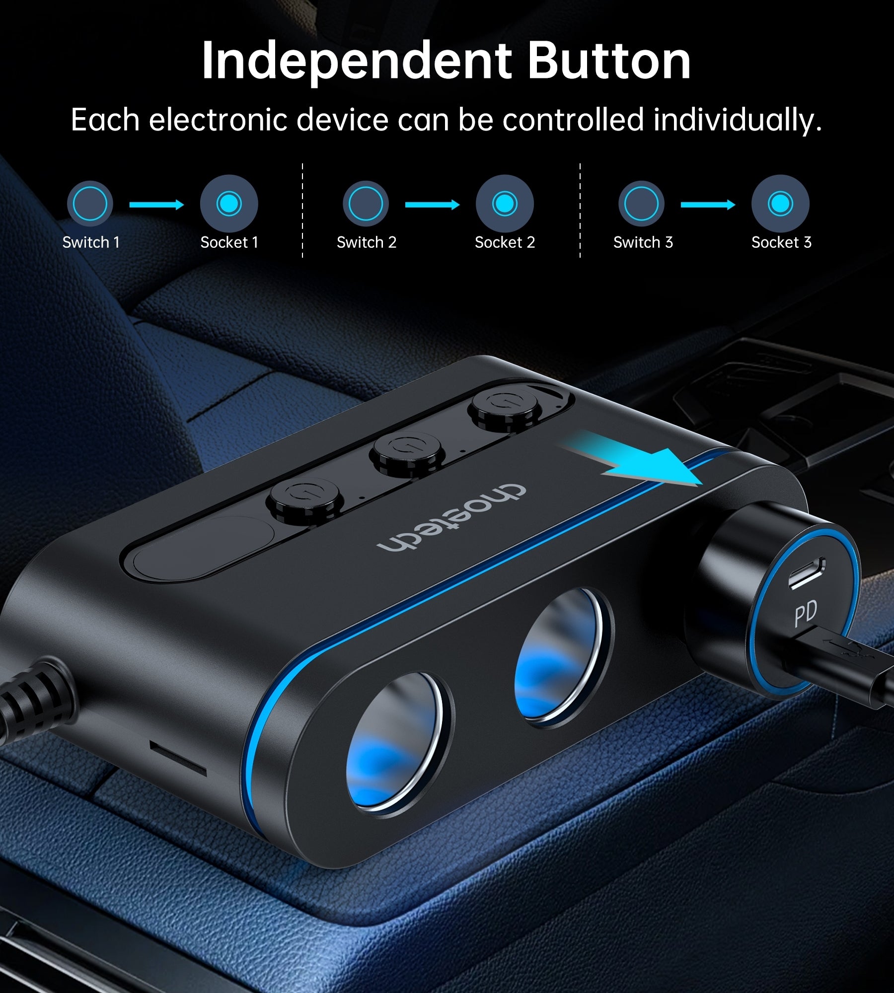 CHOETECH TC0021 3 Sockets 2C+1A Cigarette Lighter Splitter Black V28-ELECHOTC0021