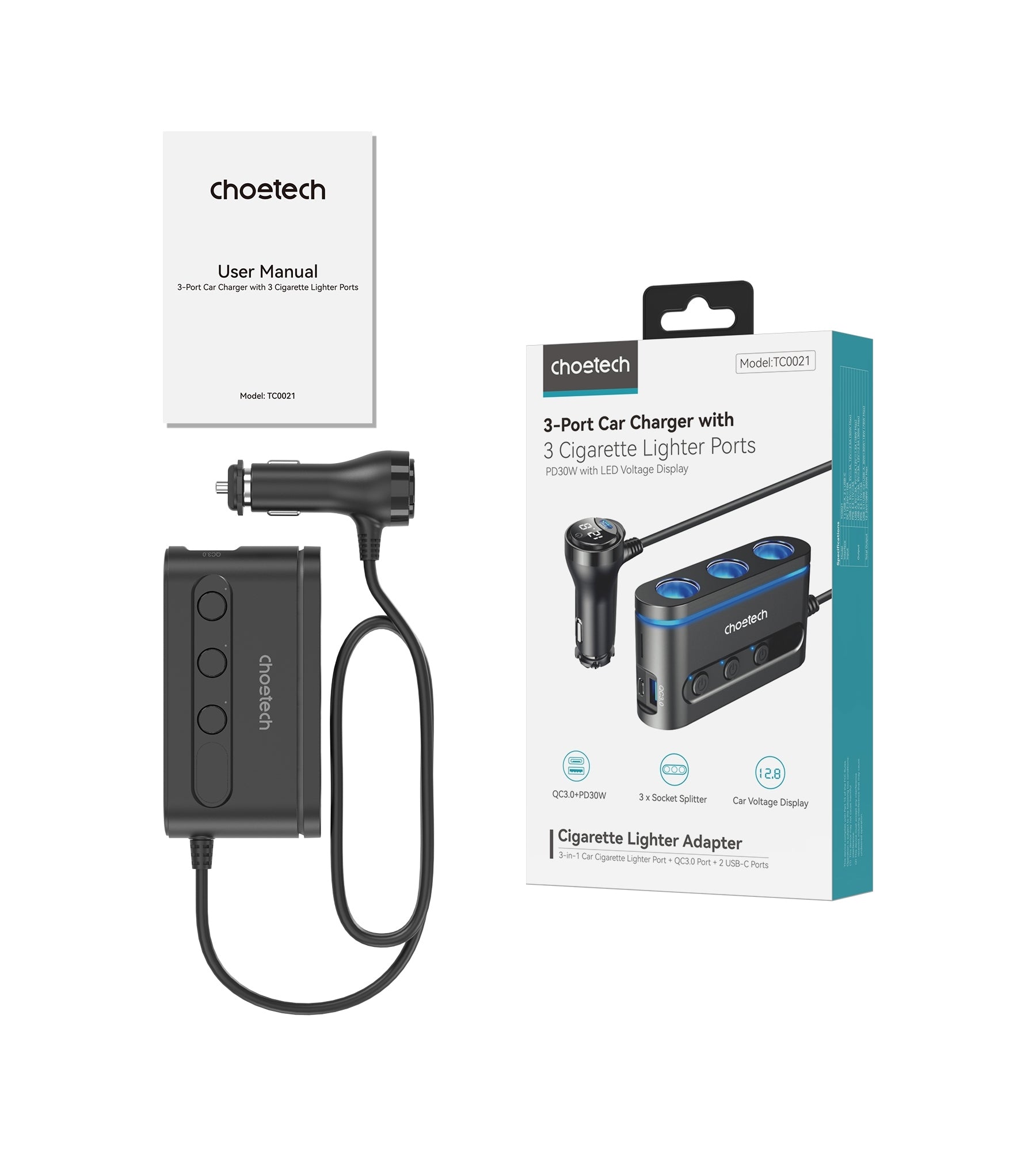 CHOETECH TC0021 3 Sockets 2C+1A Cigarette Lighter Splitter Black V28-ELECHOTC0021