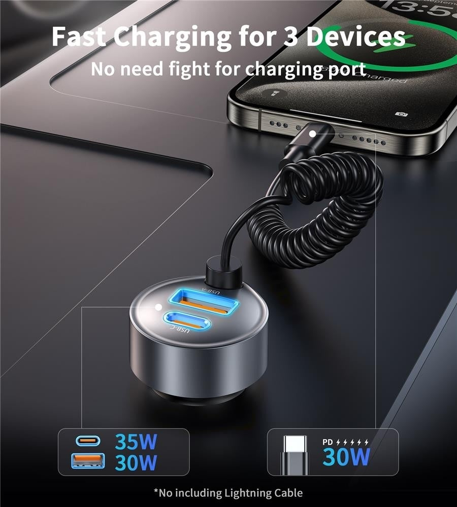 CHOETECH TC0030 65W 3-Port Fast Car Charger with 3.3ft Type-C Stretchable Cable V28-ELECHOTC0030