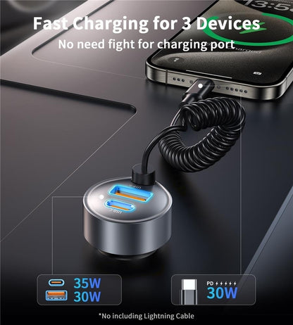 CHOETECH TC0030 65W 3-Port Fast Car Charger with 3.3ft Type-C Stretchable Cable V28-ELECHOTC0030