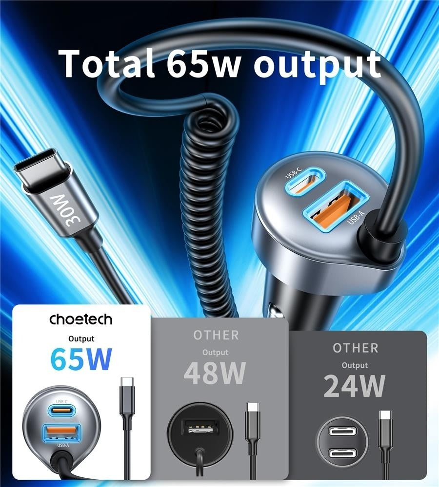 CHOETECH TC0030 65W 3-Port Fast Car Charger with 3.3ft Type-C Stretchable Cable V28-ELECHOTC0030