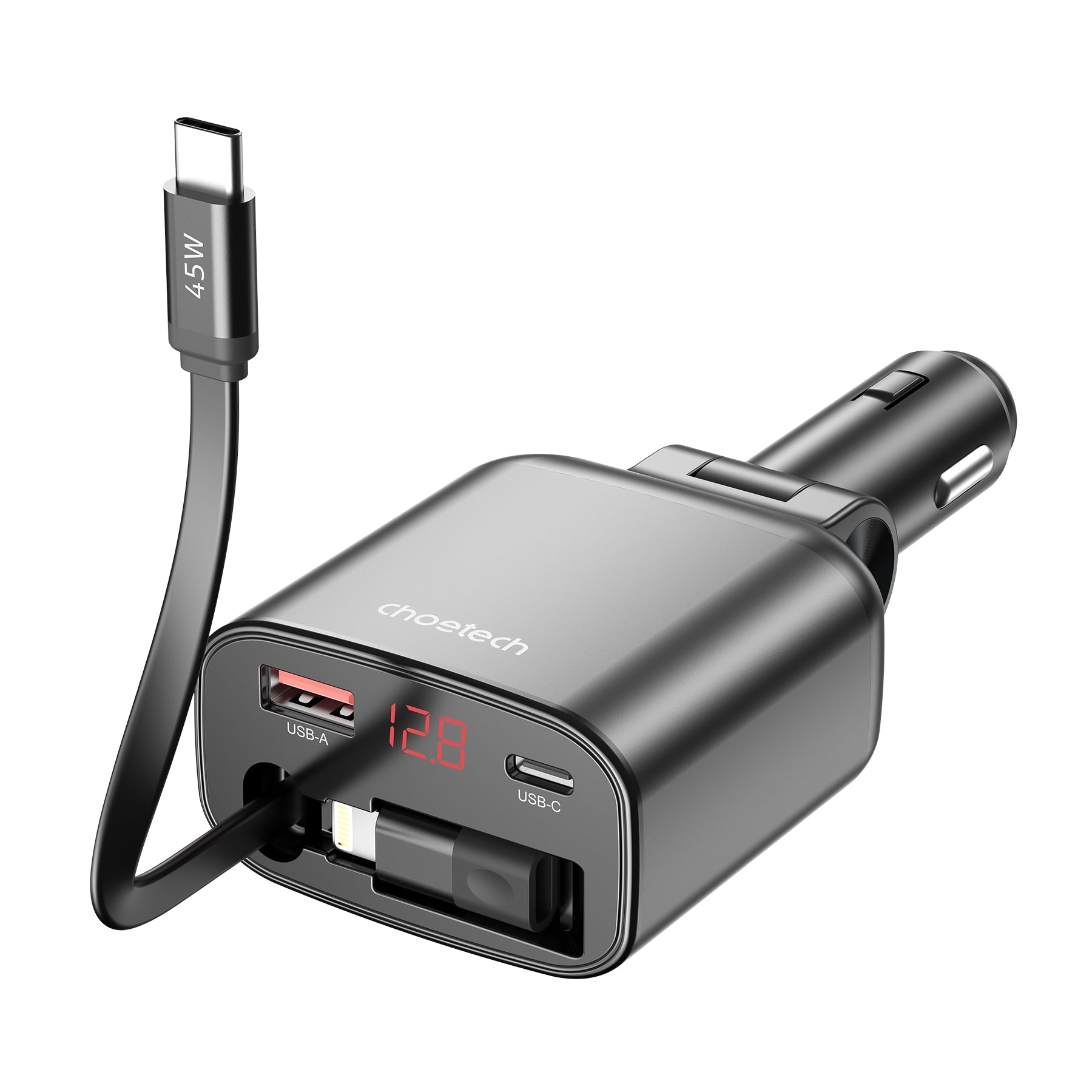 CHOETECH TC0033 105W USB-C+USB-A Fast car charger with Stretchable USB-C + Lightning cables V28-ELECHOTC0033
