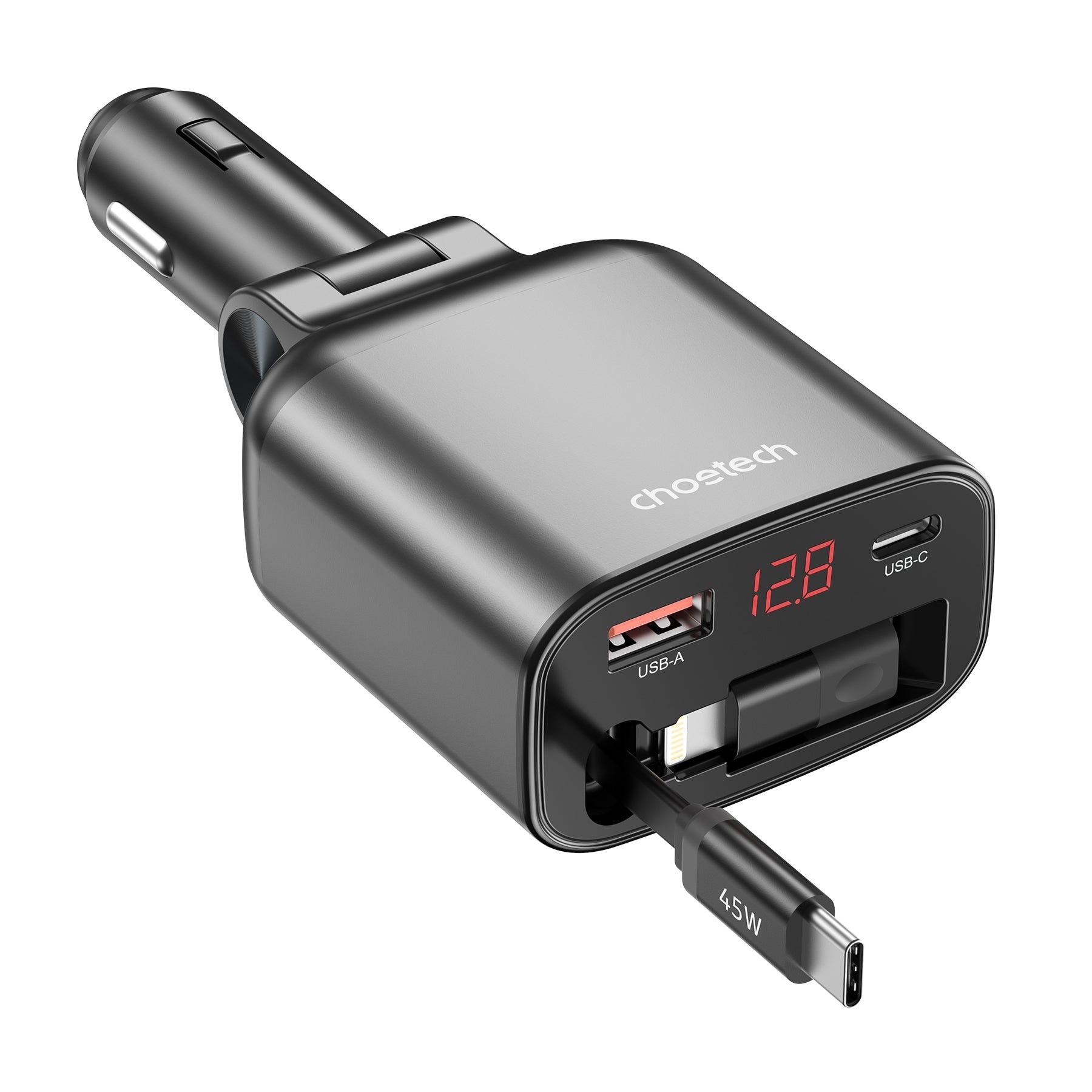 CHOETECH TC0033 105W USB-C+USB-A Fast car charger with Stretchable USB-C + Lightning cables V28-ELECHOTC0033