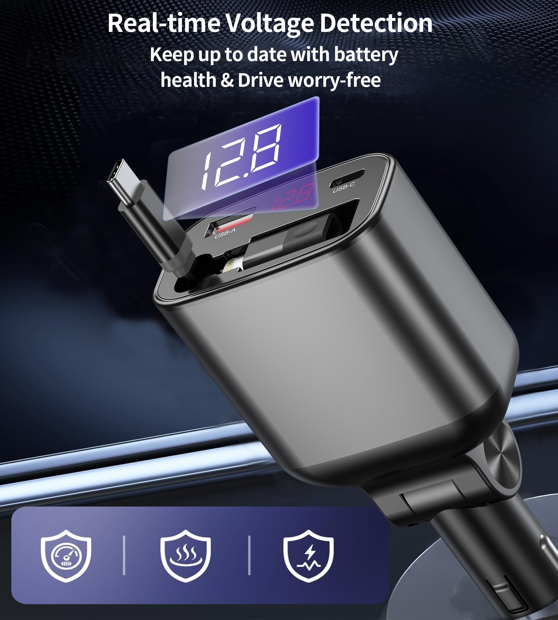 CHOETECH TC0033 105W USB-C+USB-A Fast car charger with Stretchable USB-C + Lightning cables V28-ELECHOTC0033