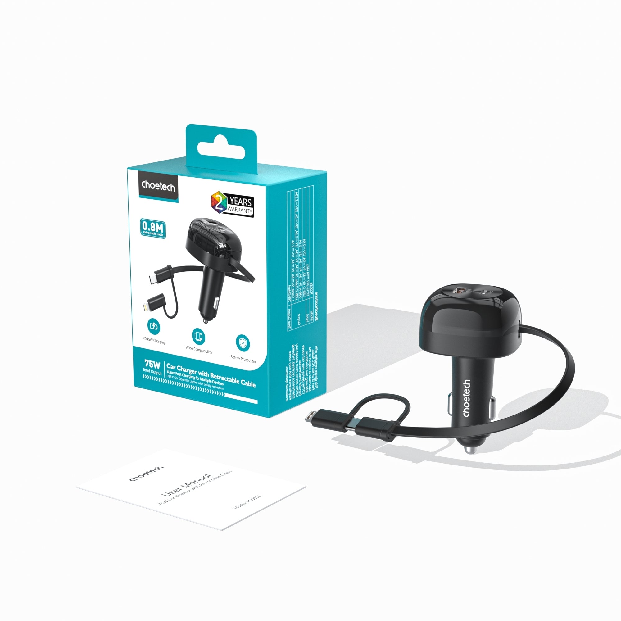 CHOETECH TC0036 PD45W USB-C+USB-A car charger with C+L Interface V28-ELECHOTC0036