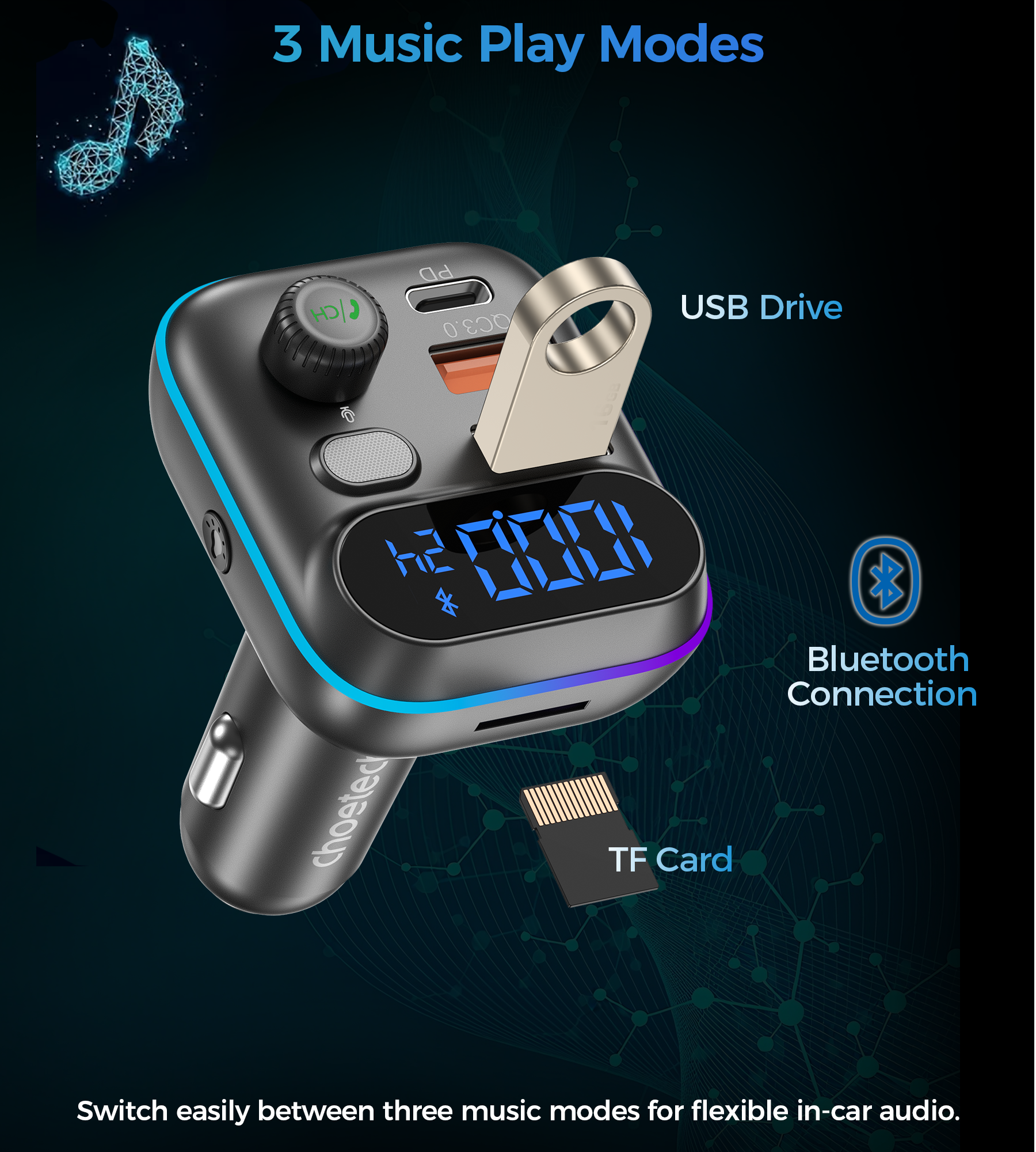 Choetech TC0050 PD36W Bluetooth FM Car Transmitter Charger V28-ELECHOTC0050