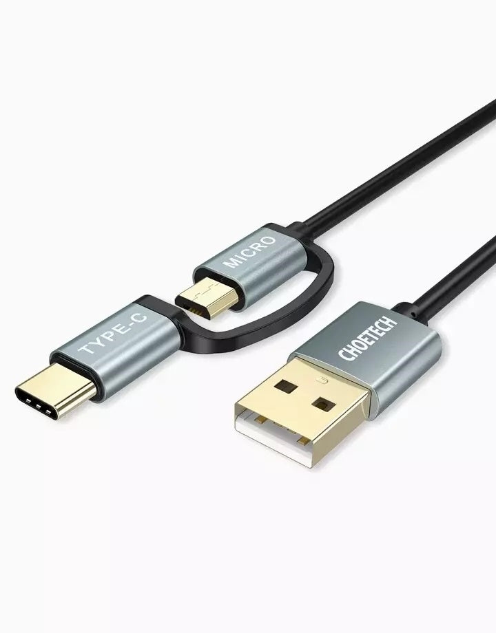 CHOETECH XAC-0012-102BK 2-in-1 USB Type C+Micro USB Cable 1.2m Charge & Sync for Samsung Phones V28-ELECHOXAC0012102BK