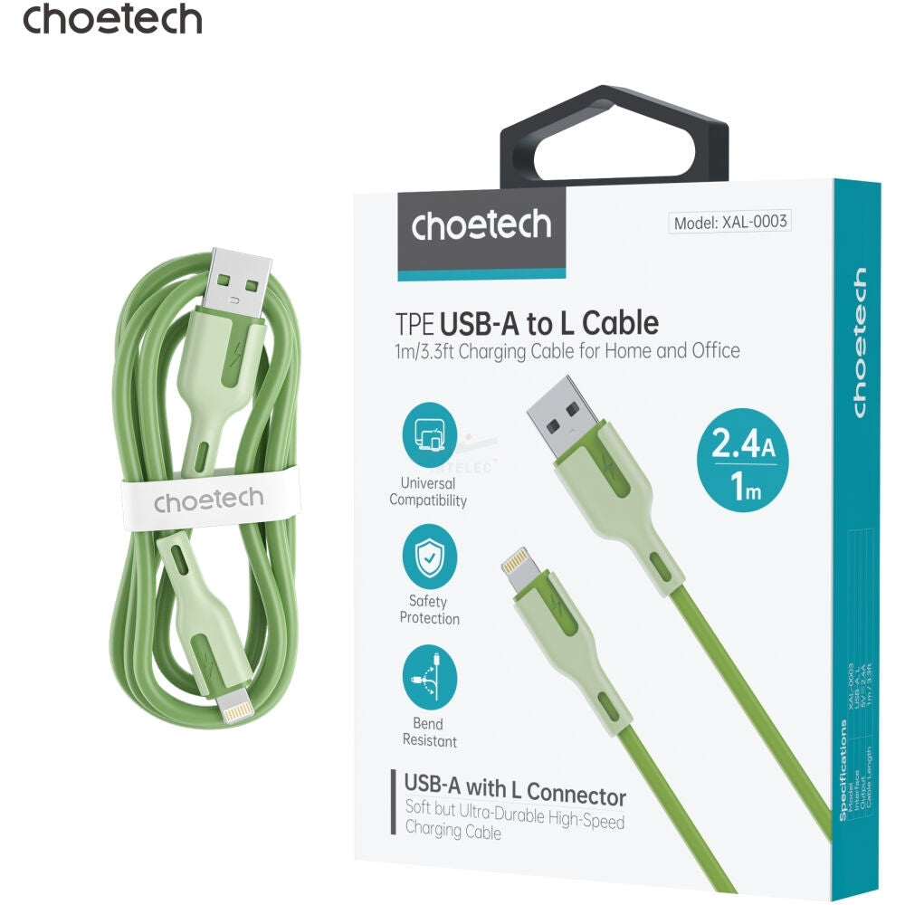 CHOETECH XAL-0003G USB-A To 8-pin iPhone 1M Charging Cable Green V28-ELECHOXAL0003G