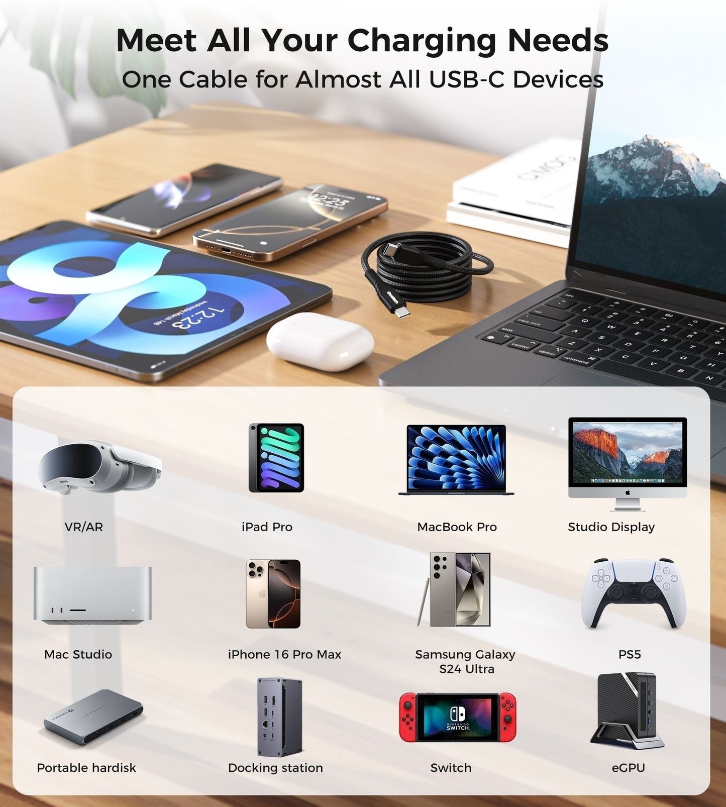 CHOETECH XCC-1008 USB-C-C PD100W M to M Fast charging Cable 1M Black V28-ELECHOXCC1008