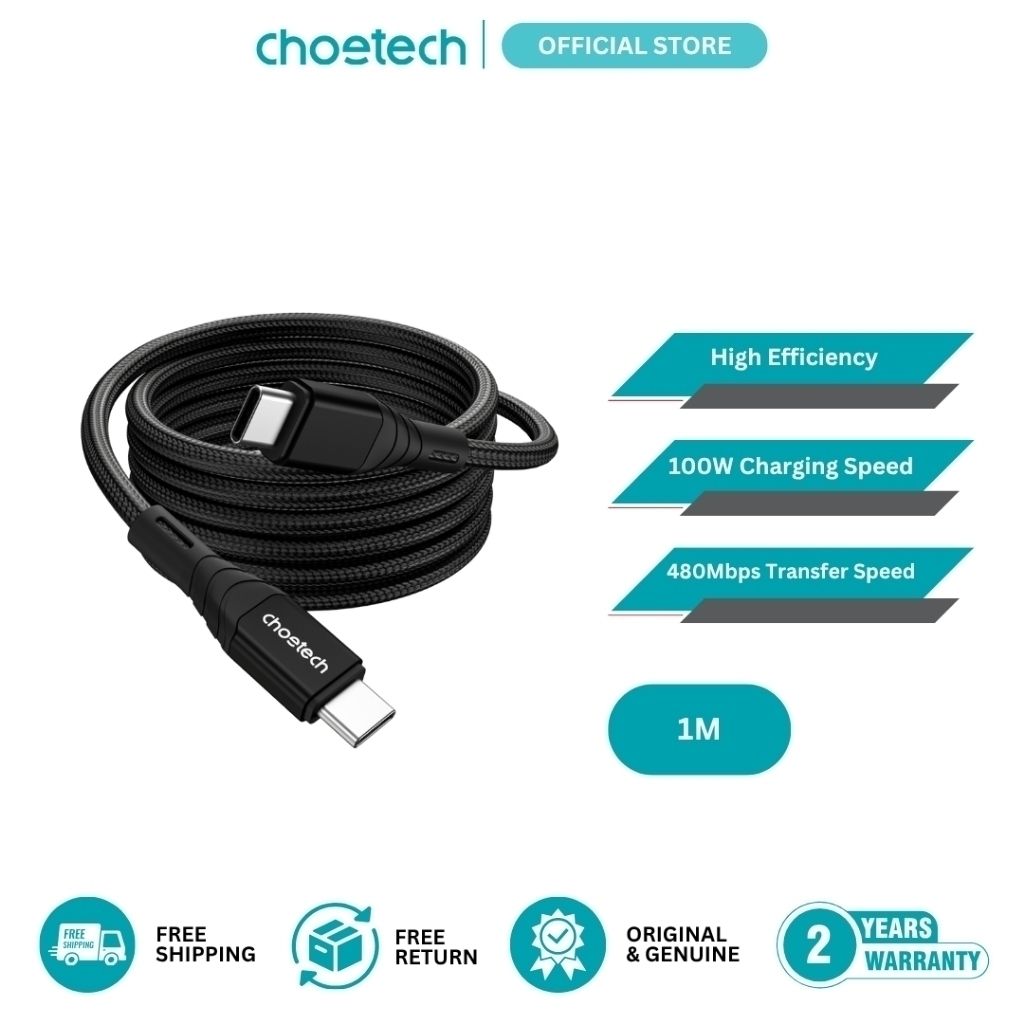 CHOETECH XCC-1008 USB-C-C PD100W M to M Fast charging Cable 1M Black V28-ELECHOXCC1008