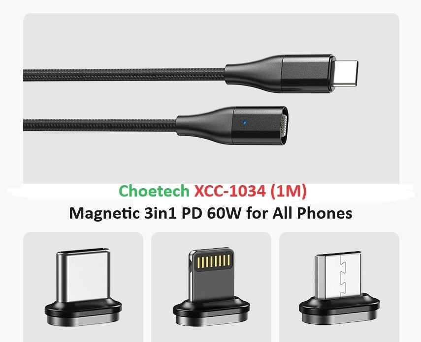 CHOETECH XCC-1034 60W C to C 1M Cable with 3 Replaceable Connecter V28-ELECHOXCC1034