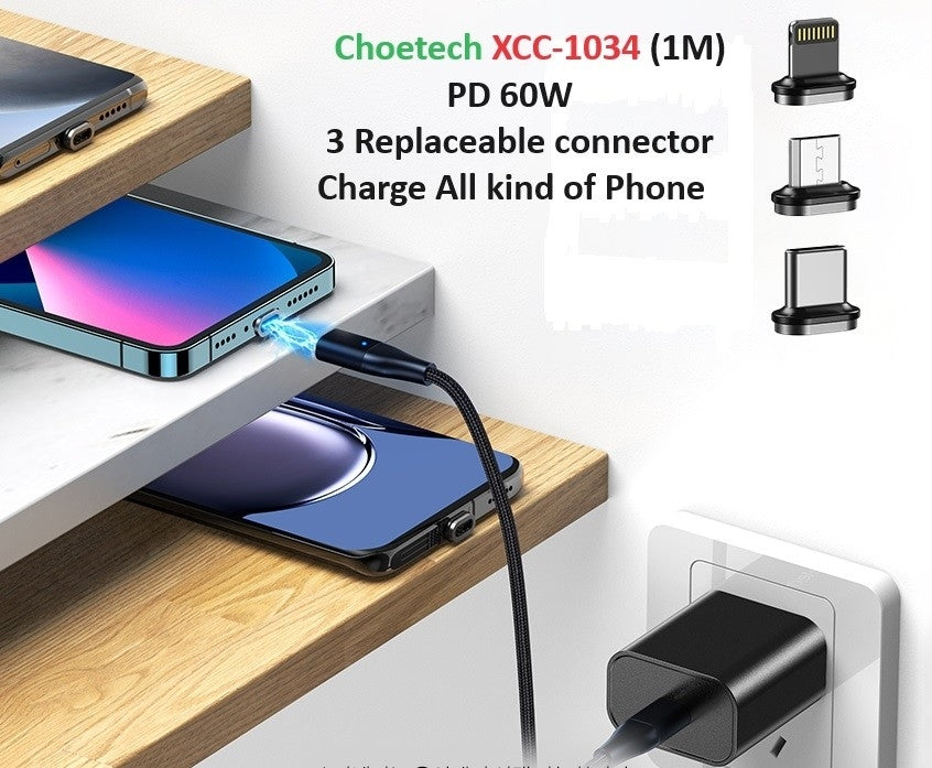CHOETECH XCC-1034 60W C to C 1M Cable with 3 Replaceable Connecter V28-ELECHOXCC1034