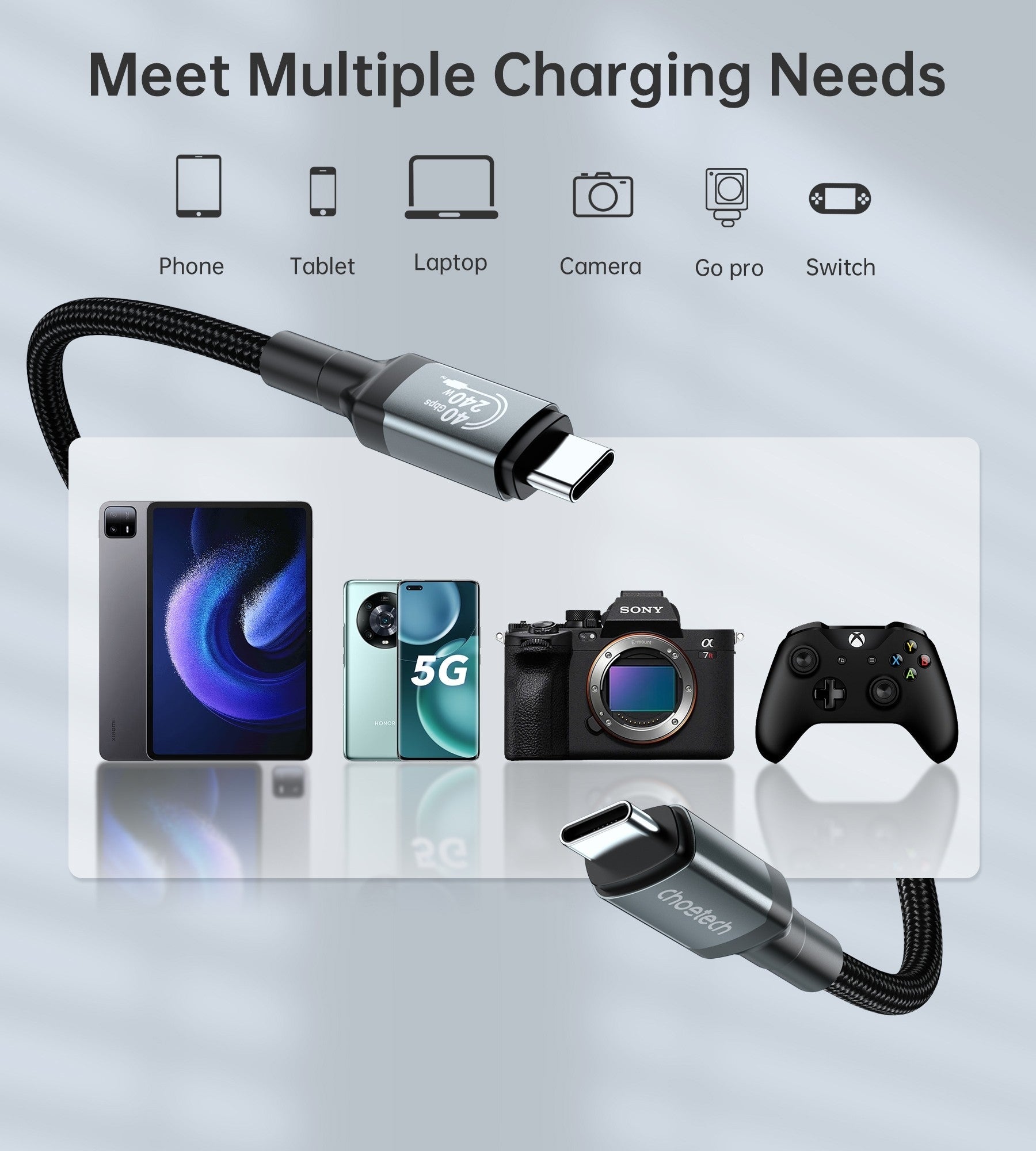 CHOETECH XCC-1040 USB-C M to M 240W Super Fast Speed Gen3 Cable 1.2M V28-ELECHOXCC1040