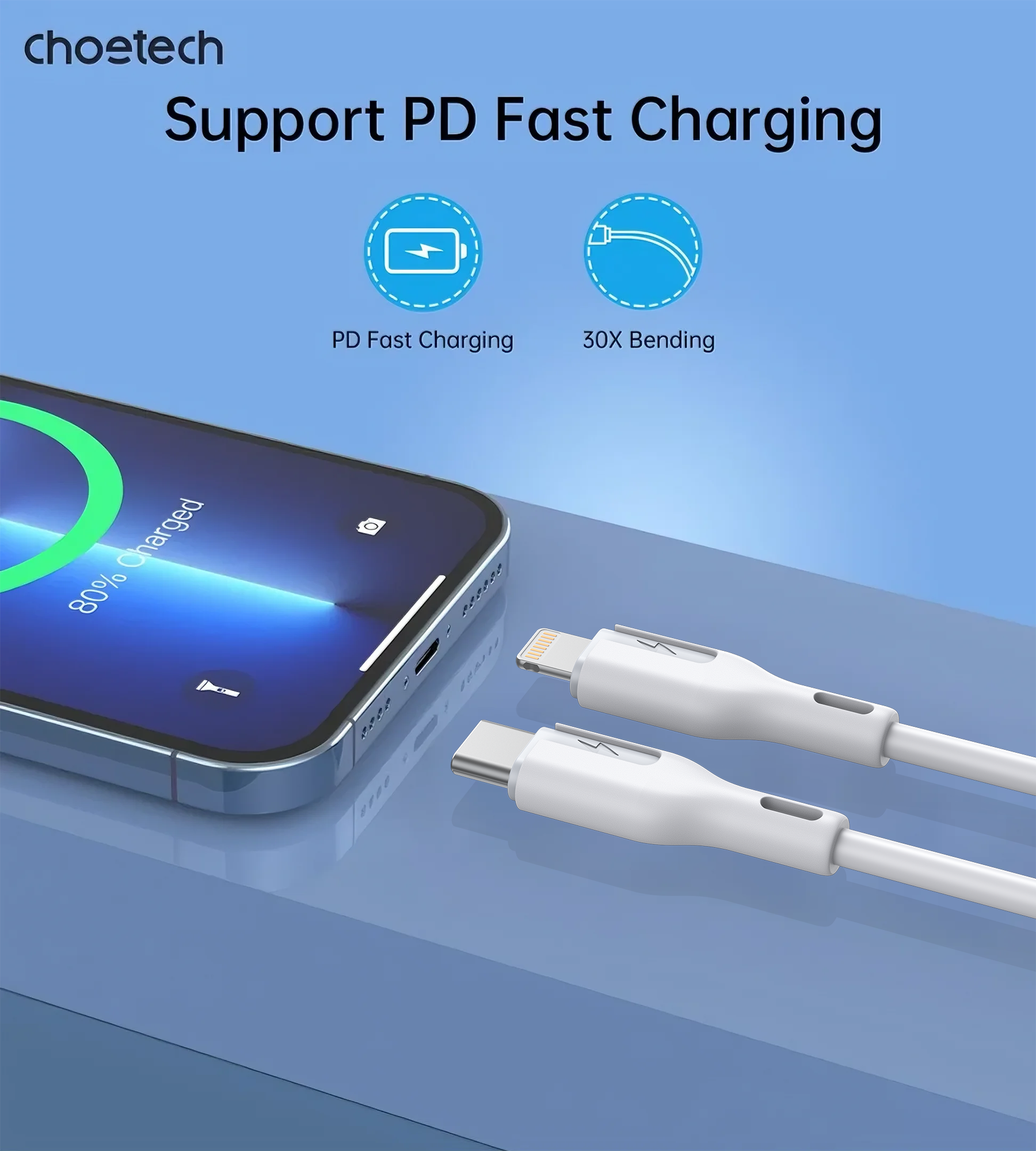 CHOETECH XCL-0002 Silicone USB-C to L Cable 1m White V28-ELECHOXCL0002