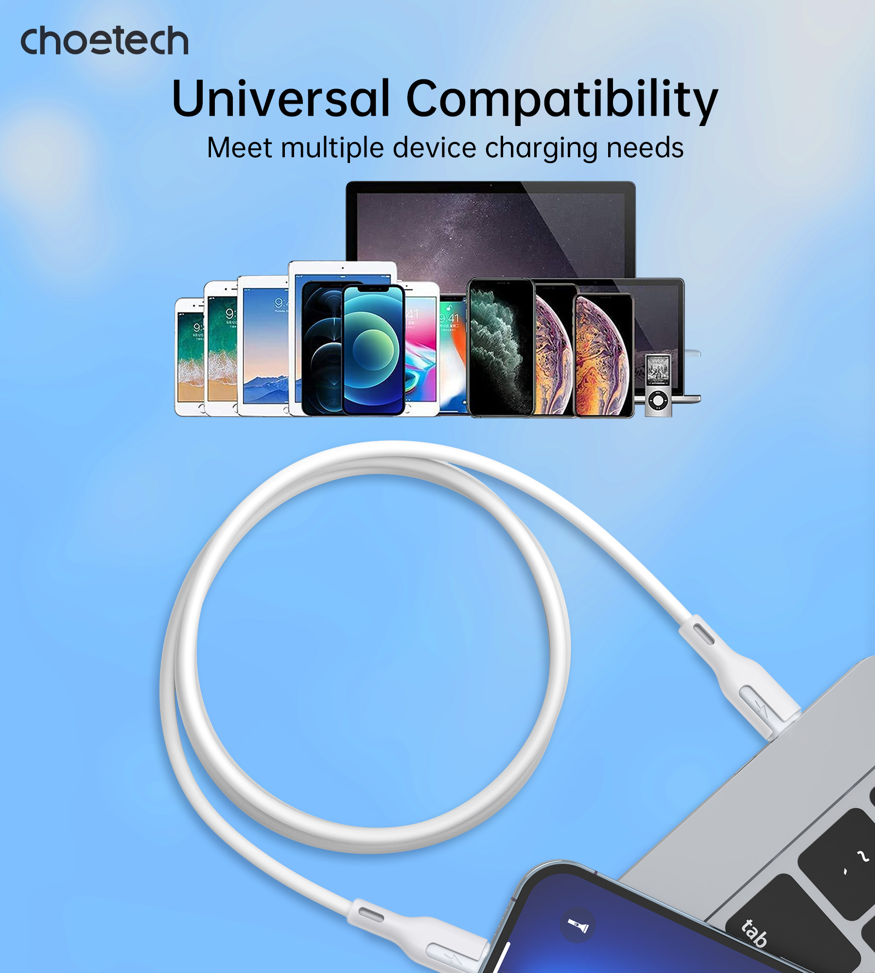 CHOETECH XCL-0002 Silicone USB-C to L Cable 1m White V28-ELECHOXCL0002