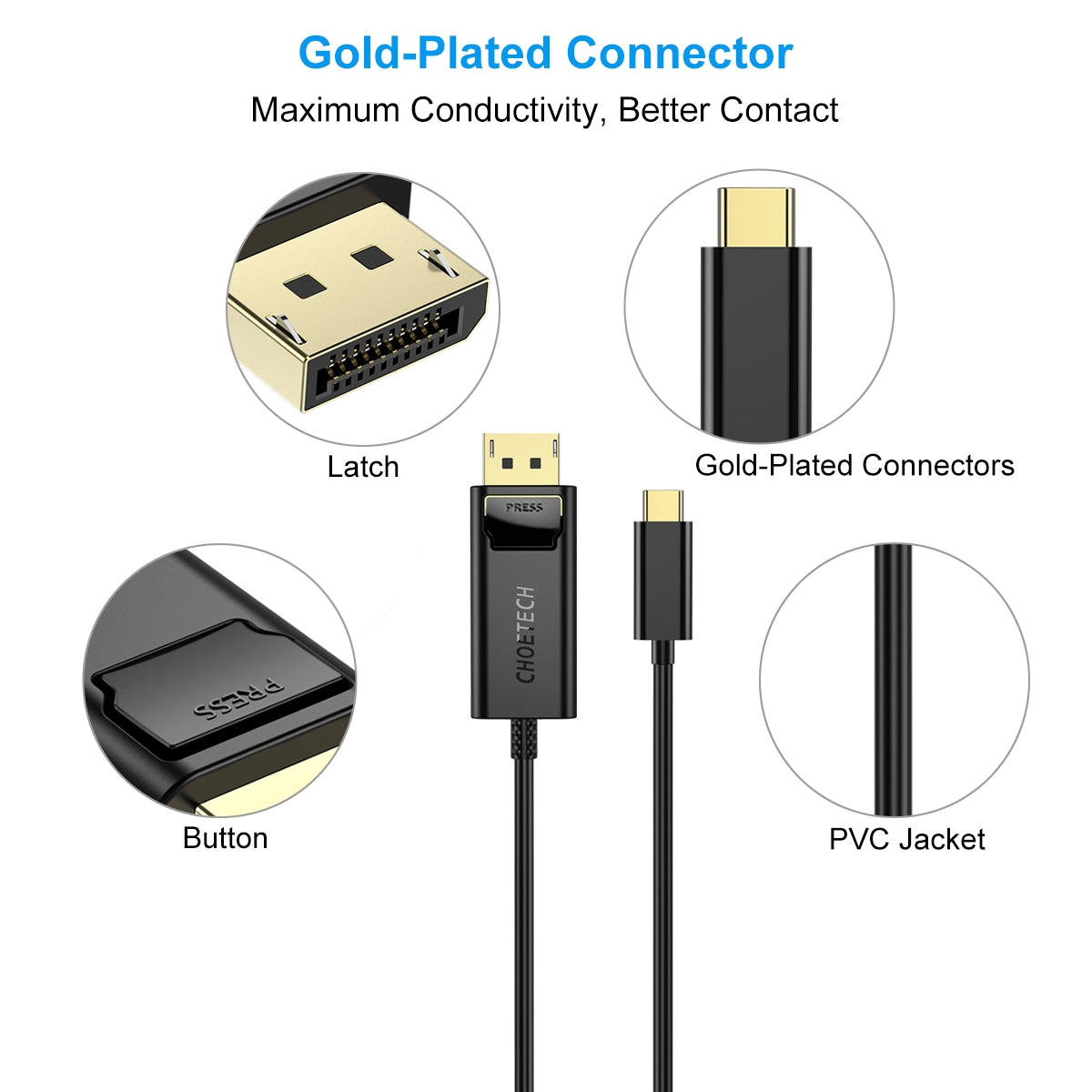 Choetech XCP-1801BK USB-C to DisplayPort Cable 1.8m V28-ELECHOXCP1801BK